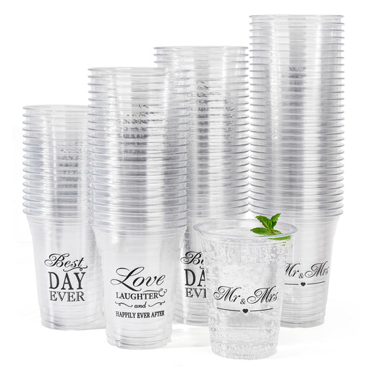 150 Pack Wedding Disposable Cups 12 oz Wedding Reception Plastic Drinking Cups Mr and Mrs Cups for Wedding Bridal Shower Decorations (Not for Hot Drinks)