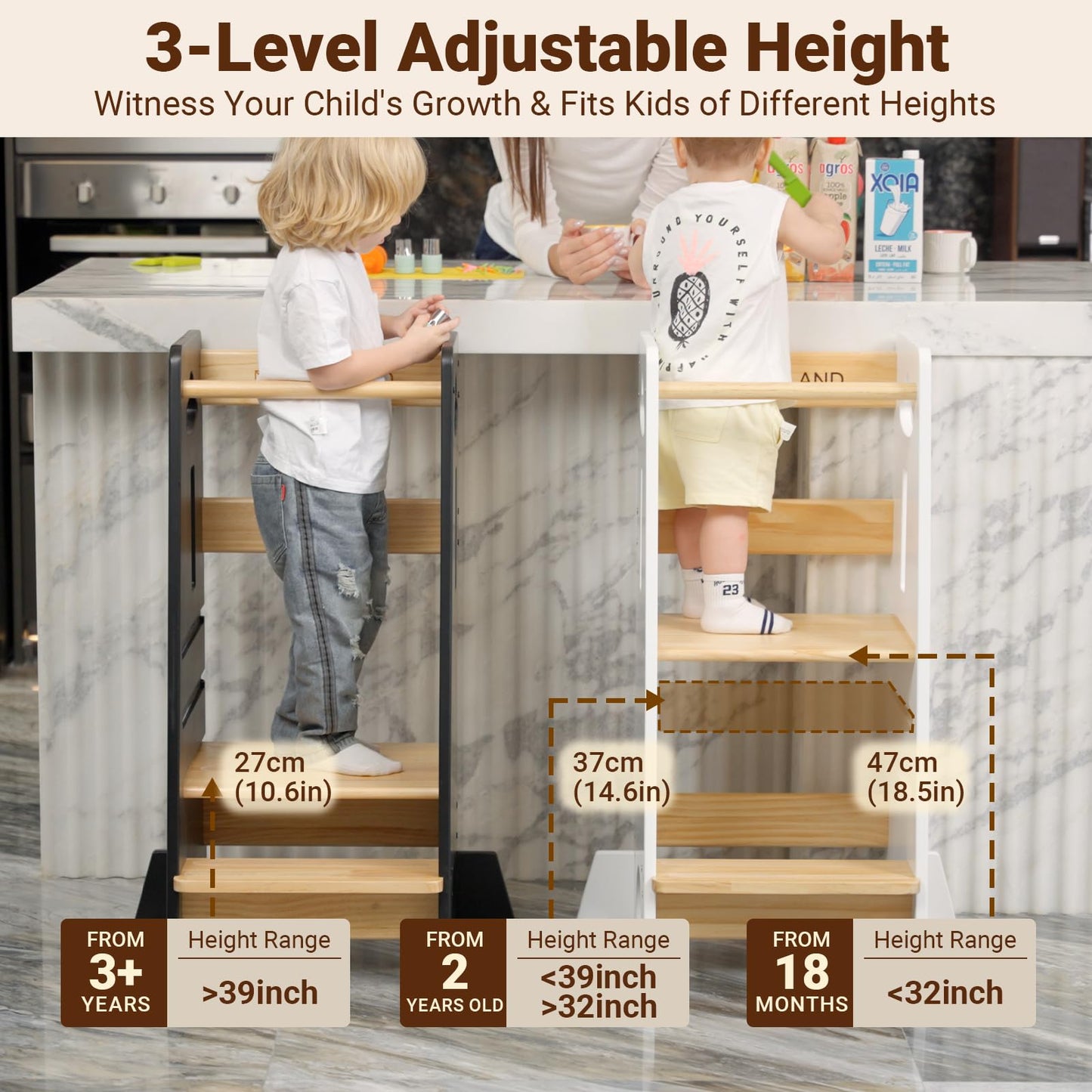 COSYLAND 3 Levels Adjustable Toddler Standing Tower - 33.5IN/85CM Stable Kids Kitchen Step Stool with Protective Crossbar - Wooden Toddler Kitchen Stool Helper(White & Natural)