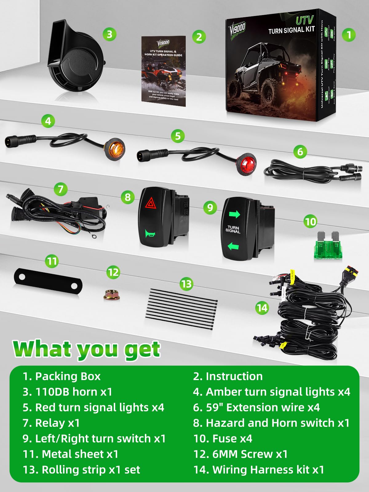 VI9000 UTV Turn Signal Kit, Pre-Wired, Plug and Play Universal Street Legal UTV Blinker Kits with Rocker Switch, Hazard Light, 110D Horn, Compatible with Polaris, Can-Am, Kawasaki, CFMOTO