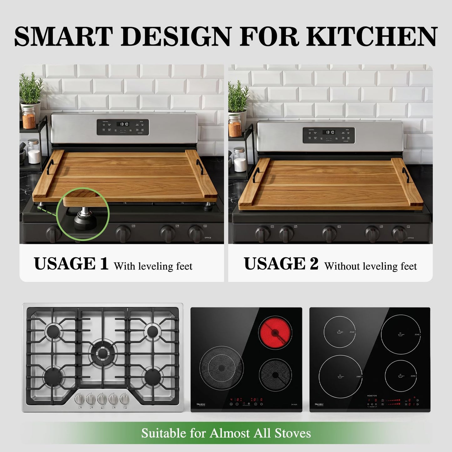Noodle Board Stove Cover with 4 Adjustable Feet, 30" x 22" Acacia Wood Stove Top Cover for Gas Stove, Electric & Induction - Extra Counter Space, Serving Tray & Charcuterie Board for RV& Kitchen