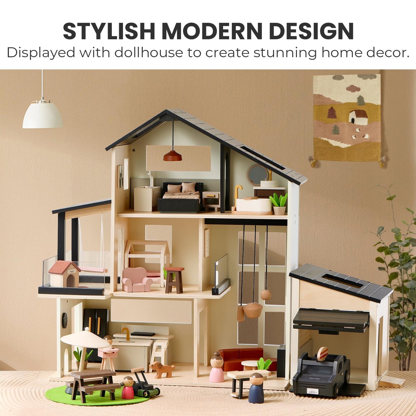 Tiny Land Wooden Dollhouse Garage Set – Realistic Design with Garage, Workbench,Lawn Mower & SUV Car, Expansion Dollhouse Furniture & Accessories for Doll house, Educational Pretend Play Gift for Kids