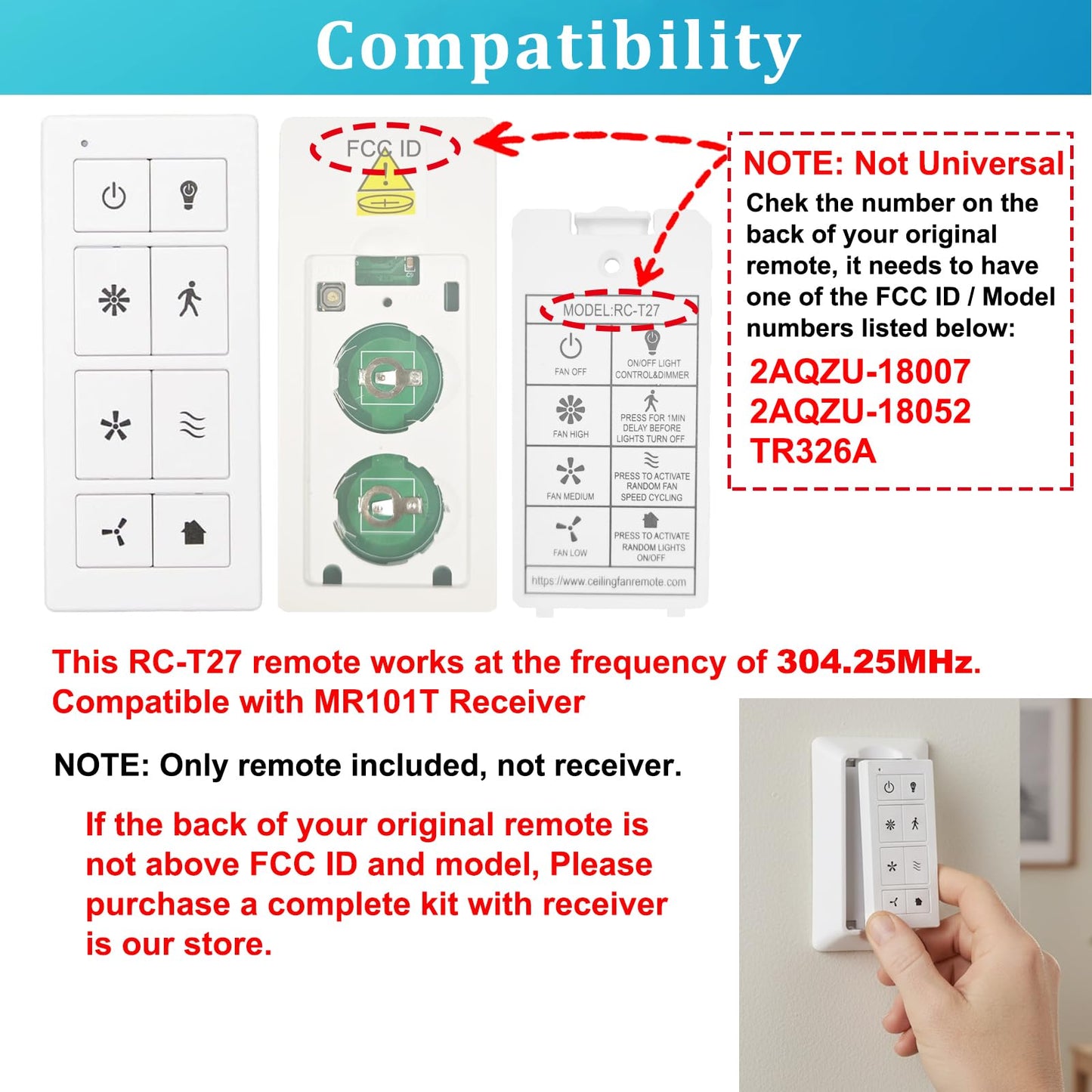 Ceiling Fan Remote Control with Light Dimmer, 3 Speeds Wall Remote, Compatible with Harbor Breeze, Prominence, Replacement for TR326A, 2AQZU-18052, 2AQZU-18007, 304.25MHz (Remote Only)