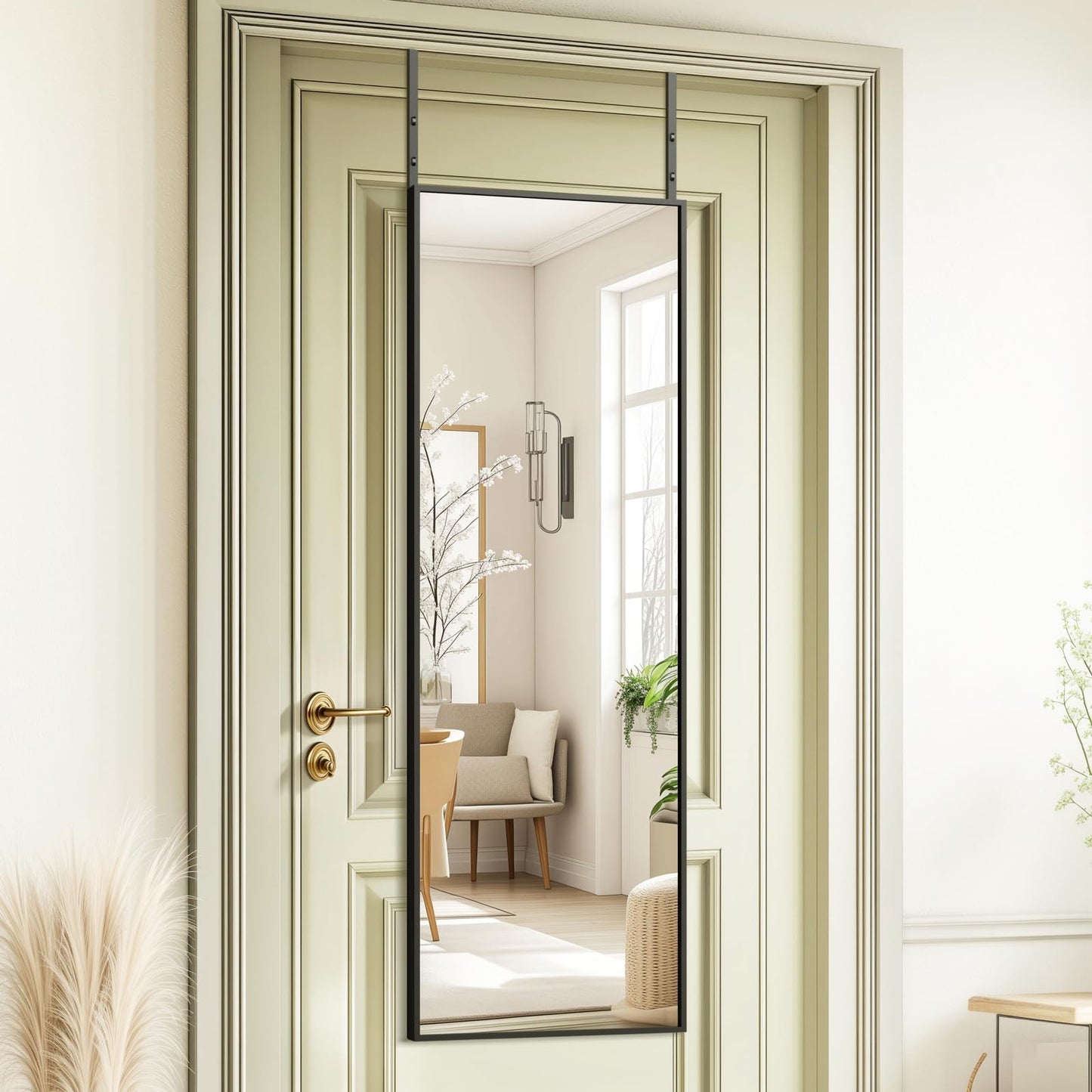 Kosmonia 48x14 Inch Full Length Tempered Glass Door Mirror - Over The Door Hanging, No Drill Installation, Suitable for Bedroom & Closet, Sturdy Hanging Design