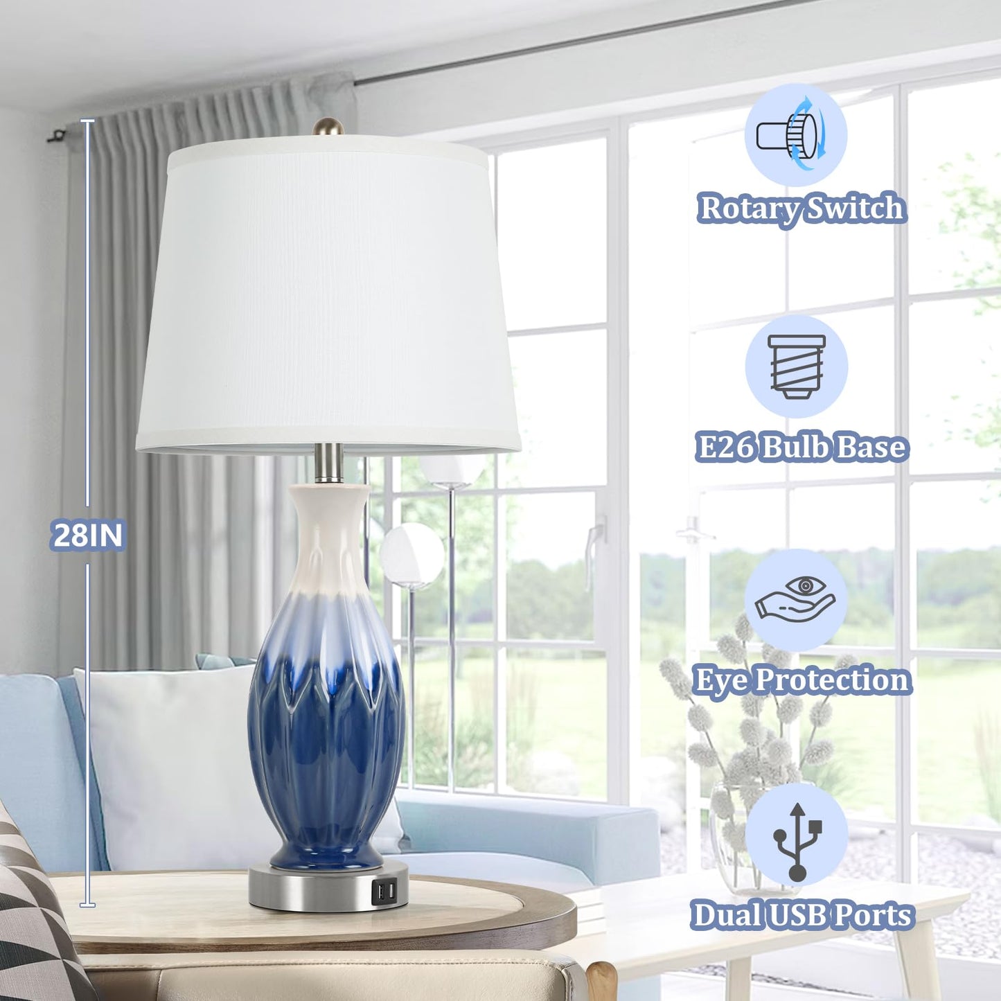 28” Tall Table Lamps Set of 2, Ceramic Navy Blue Bedside Lamps with USB Ports, Coastal Lamp with White Fabric Shade, Large Bedroom Table Lamps for End Table Living Room Nightstand