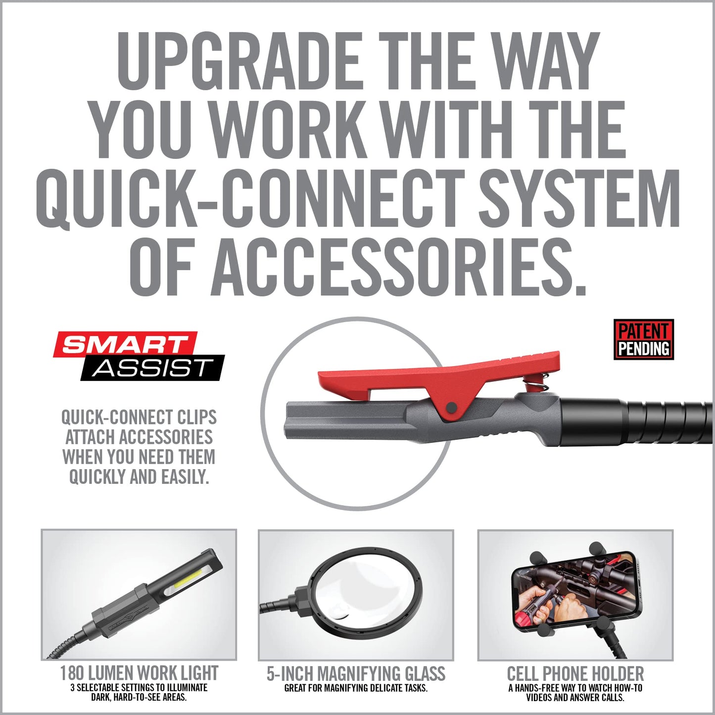 Real Avid Smart-Assist Accessory System | Includes 180 Lumen Work Light, 5-Inch Magnifying Glass and Cell Phone Holder