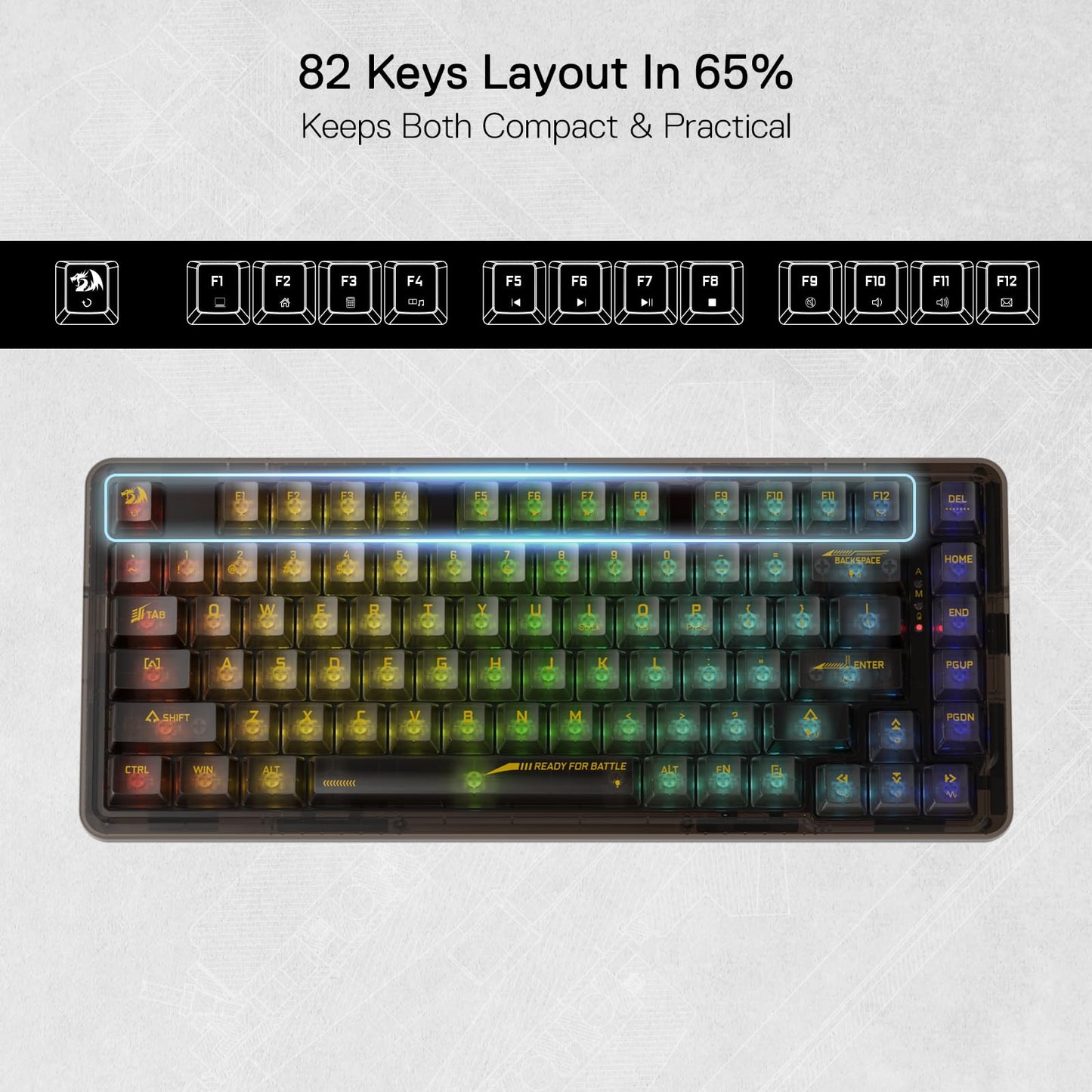 Redragon K649 PRO 78% Wireless Gasket RGB Gaming Keyboard, 3-Modes 82 Keys Full-Transparent Mechanical Keyboard w/Hot-Swap Socket, Noise Dampening Layer x 5, Translucent Custom Switch