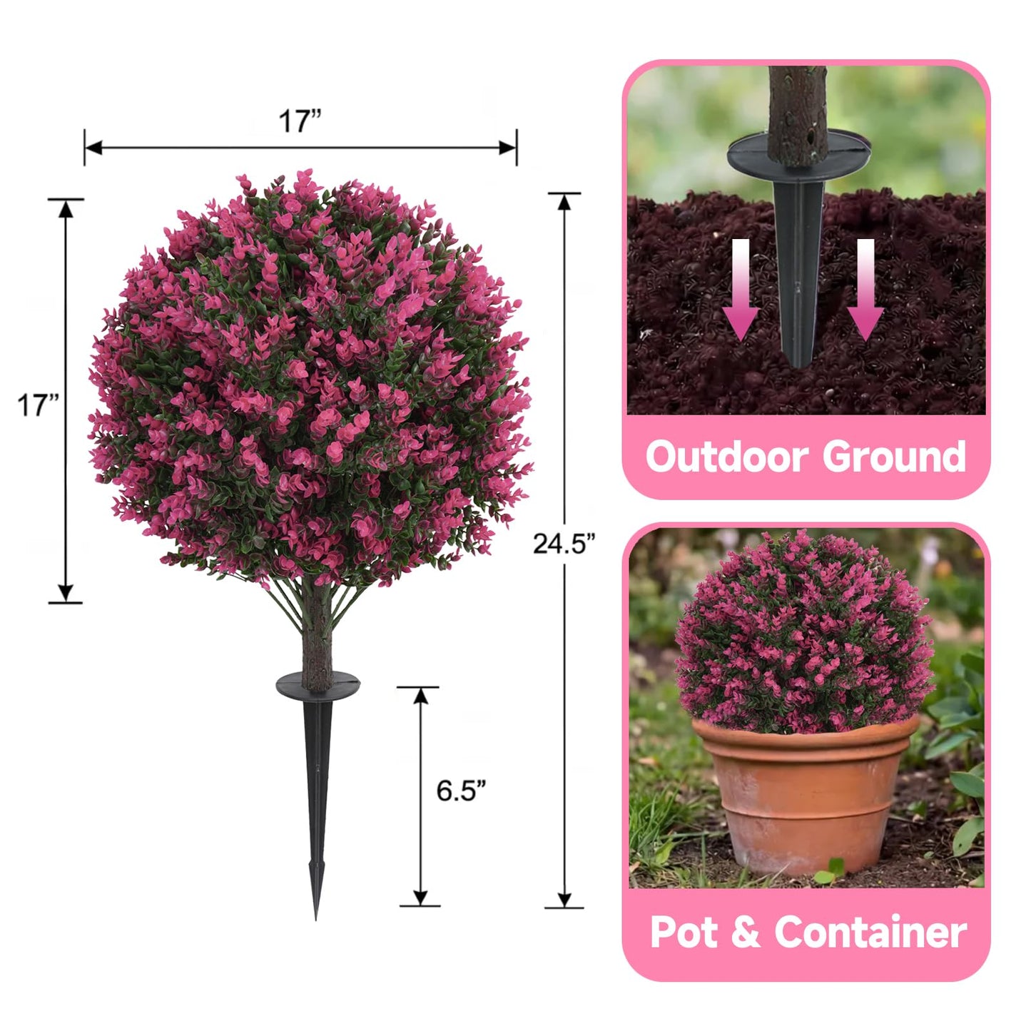 Quirlory Artificial Red Eucalyptus Topiary Ball Trees 24", Lush Dense Foliage Fake Plants Pair with Ground Spike, UV Resistant Faux Evergreen Plants for Outdoor Indoor Planters Front Porch