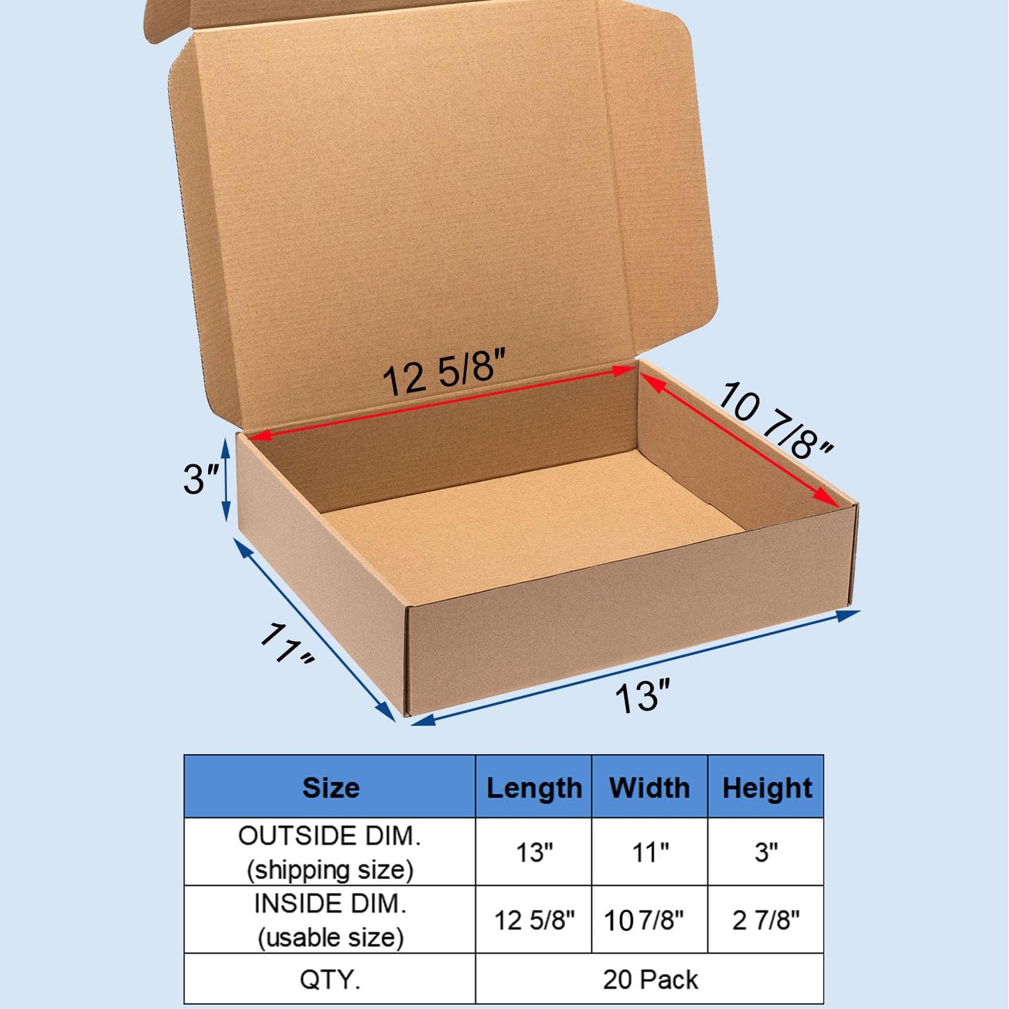 Wowxyz Shipping Boxes 13x11x3 Inches 20 Pack Corrugated Cardboard Mailing Boxes for Small Business, Kraft Medium Literature Mailer Packaging Supplies Brown