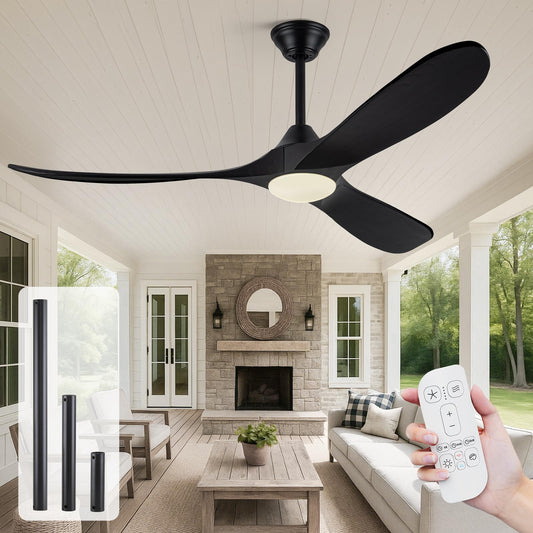 60 Inch Damp Rated Outdoor Ceiling Fan with Light, for Patio and Covered Porch - Quiet Energy Efficient DC Motor, 3 Black Wood Blades Rustic Farmhouse Style, Dimmable for Indoor Living Room, Bedroom