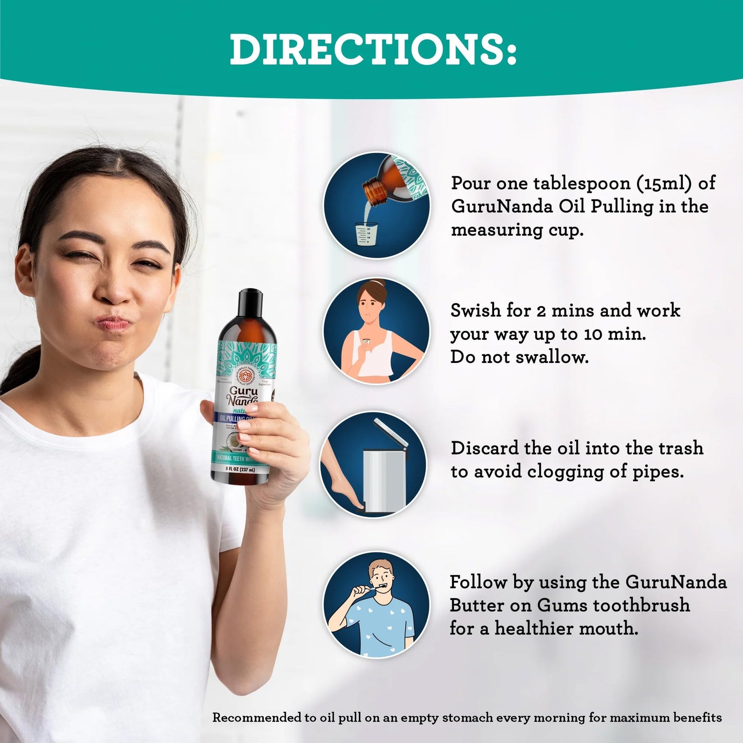 GuruNanda Coconut Oil Pulling, Fresh Breath & Whitening Mouthwash, 7 Essential Oils & Vitamins for Healthy Teeth & Gums,Alcohol-Free, 3X8 oz