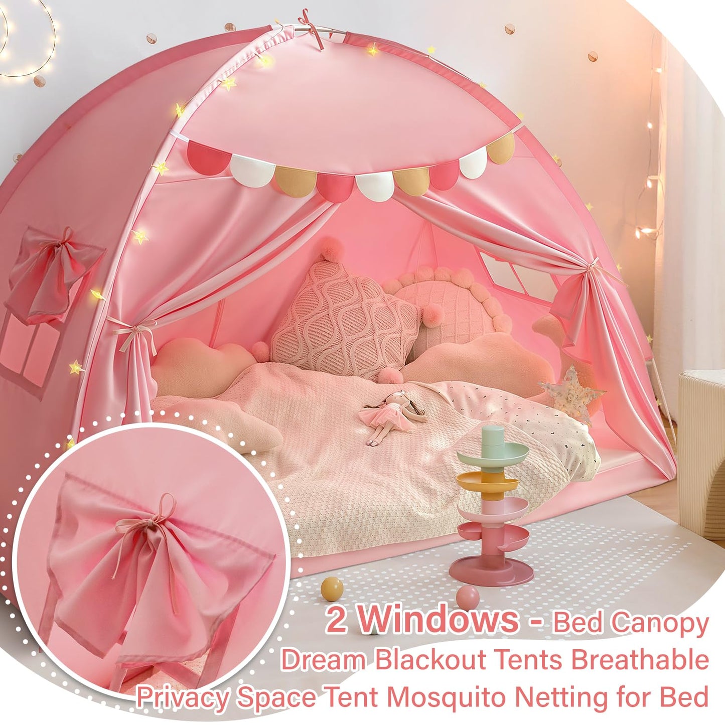 Razee Full Size Bed Canopy for Kids, Girls Bed Tent Dream Privacy Playhouse Floor Sleeping Tents Indoor, Toddler Under Bunk Bed Pink Tent with Pennant Banners, Kid House Toys for Birthday Gift
