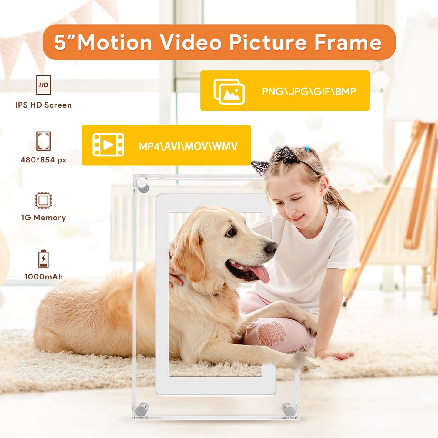 5 Inch Acrylic Picture Frame with 2GB Memory and 1000mAh Built-in Battery That Plays Slideshow Motion Video Frameo with Sound, Perfect for Home Decor and Heartfelt Gifts