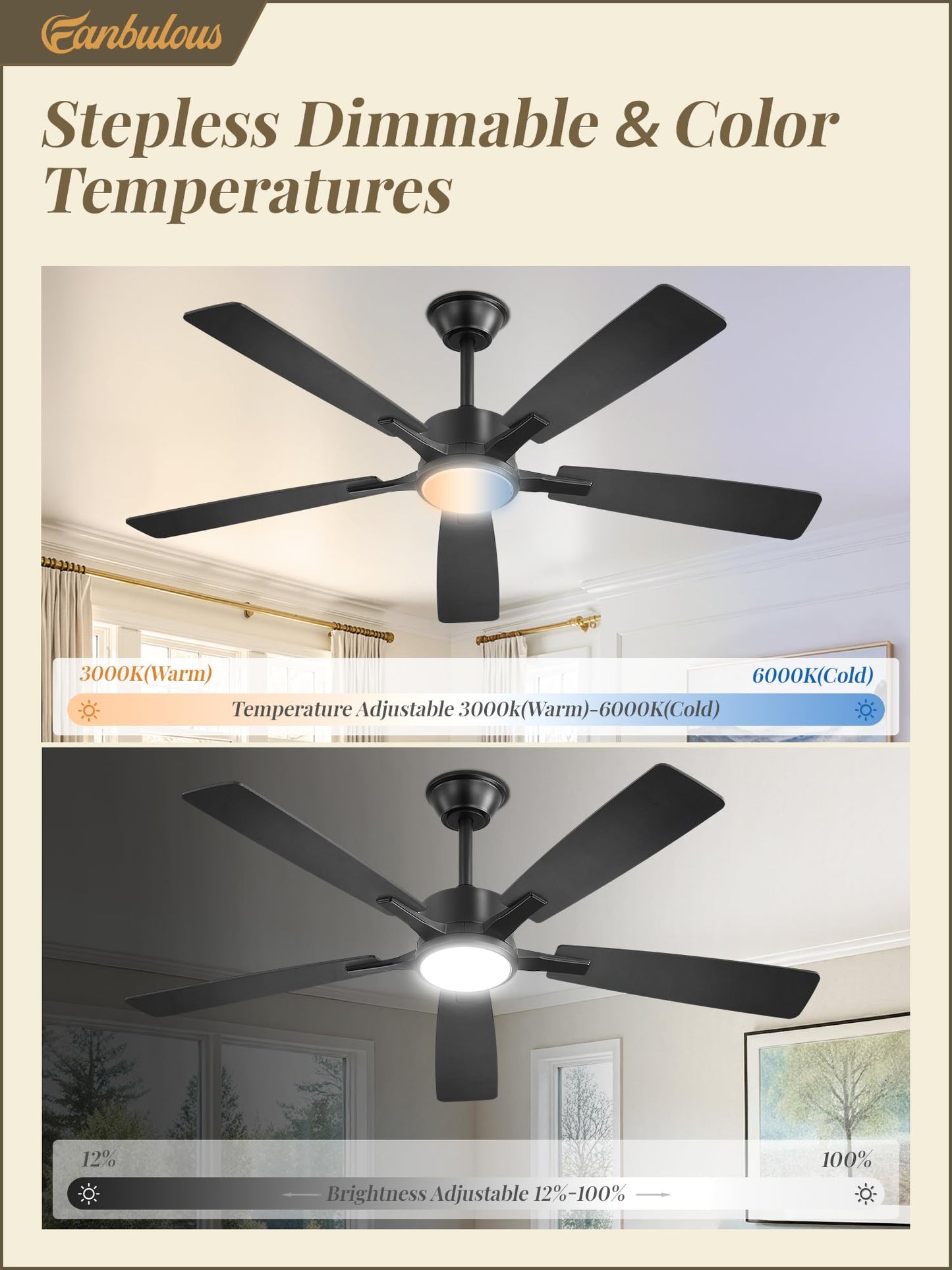 Fanbulous 52 Inch Ceiling Fans with Lights and Remote, Stepless Color Temperature Change & Dimmable 20W LED Ceiling Fan, 6 Speeds Reversible Quiet DC Motor for Bedroom, Living Room, Apartment, Black