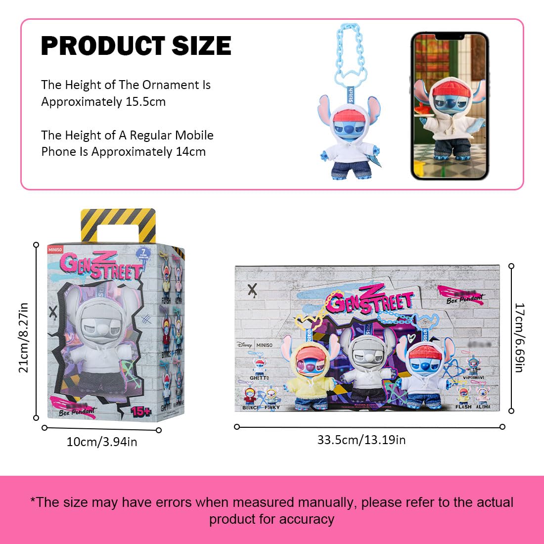 MINISO Disney Stitch GenZ Street Collection Vinyl Plush Pendant Surprise Box Figure Model Random Design Blind Box Toy Collectible Toy for Home Decor Birthday Gifts (Random One Figure)