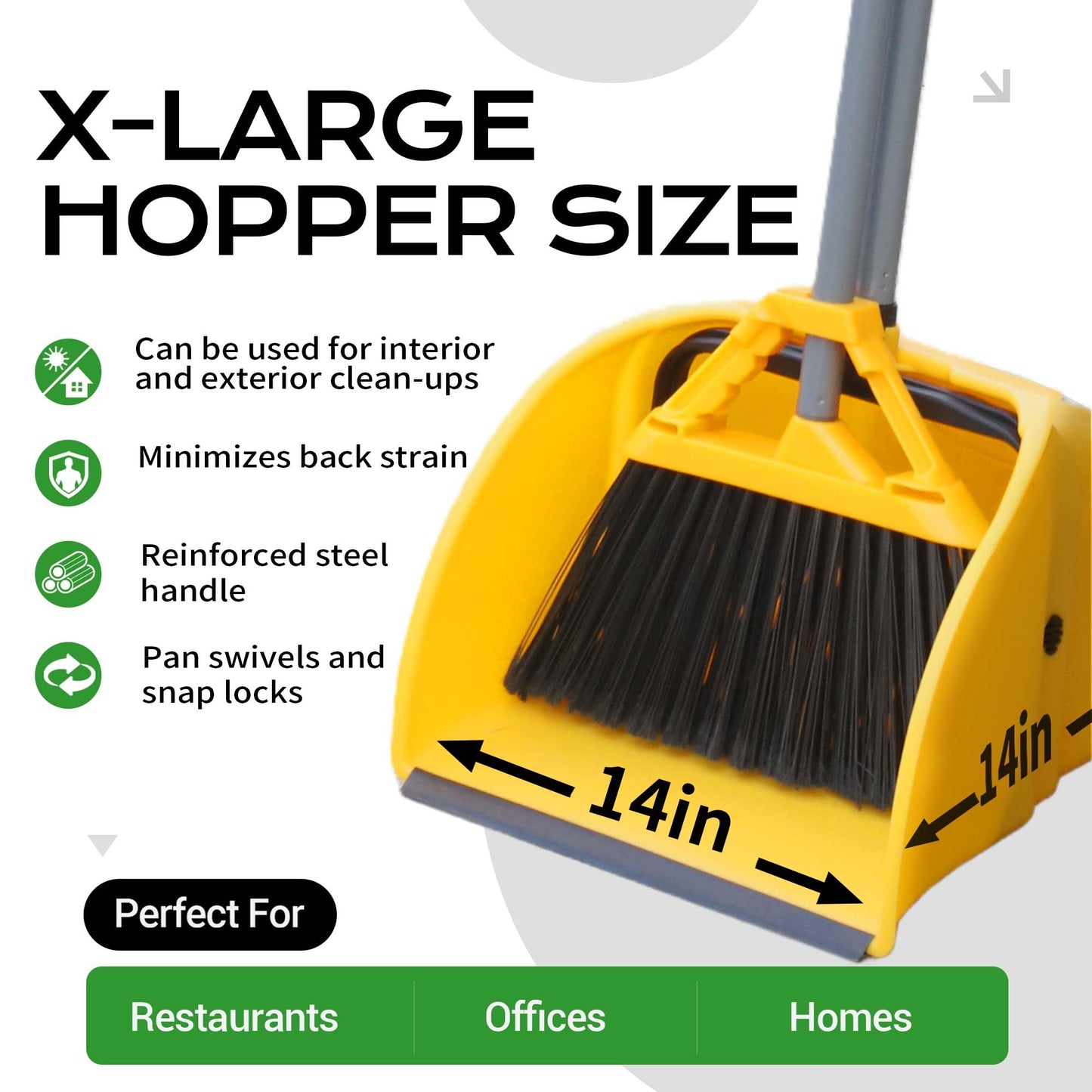 Commercial Broom and Dustpan Set Debris Dustpan with Handle,Jumbo Debris Pan, Trash Collection for Industrial/Professional Cleaning,2Sets, Yellow,Extra-Large Size