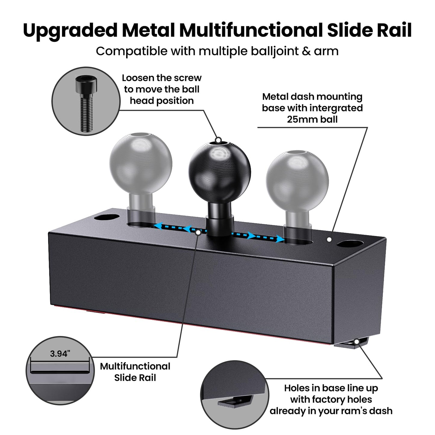 Kaishengyuan Upgraded Metal Phone Mount for Ram Truck 2019+, Dash Mount Cell Phone Holder Compatible with Dodge RAM 1500/2500/3500 & TRX, 360° Adjustable Adapter Phone Stand Fit for Most Smartphones