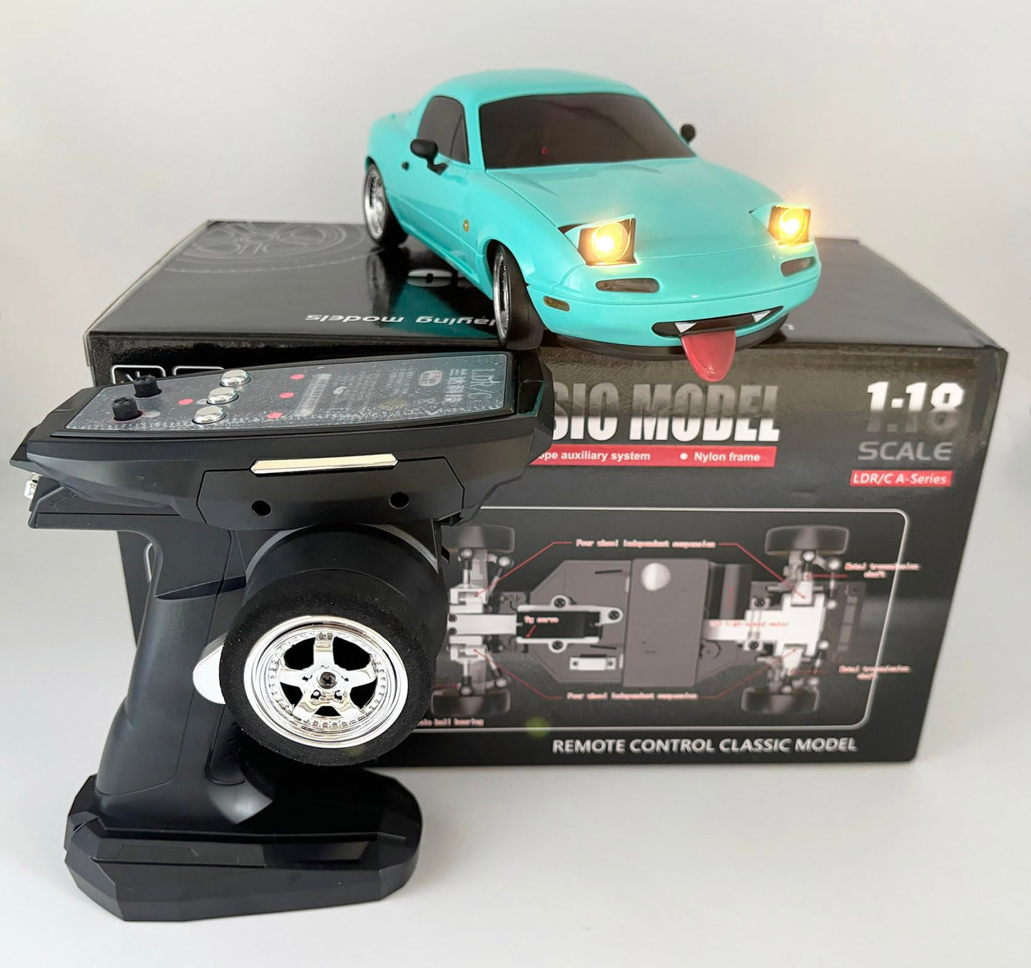 HLSFWDRIVE RC Drift Car 1/18 Scale LDRC Drift Car with Gyro Hobby RC Car for Adult RWD Drifting 2.4 GHz Gyroscope Proportional Throttle Steering Metal Drive Shafts Blinking Headlights LD1804