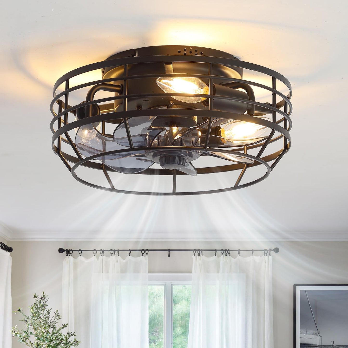 Youroke Farmhouse Caged Ceiling Fan with Light, Bladeless Flush Mount Fan Lights Ceiling Fixtures with Remote, 12 in 6 Speeds Indooor Lights for Kitchen, Living Room, Bedroom, Black