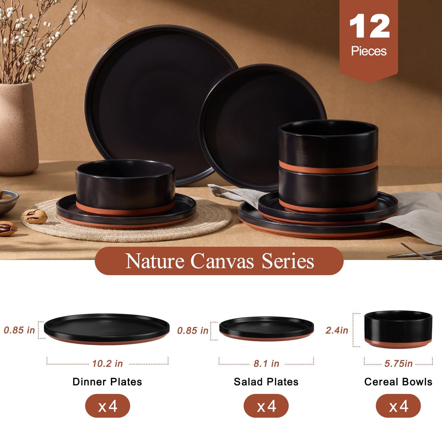 LIANYU 12 Pieces Porcelain Dinnerware Sets, Premium Plates and Bowls Set, High-Fired Ceramic Dishes Set for 4, Chip & Scratch Resistant, Microwave Dishwasher Safe, Charcoal Black