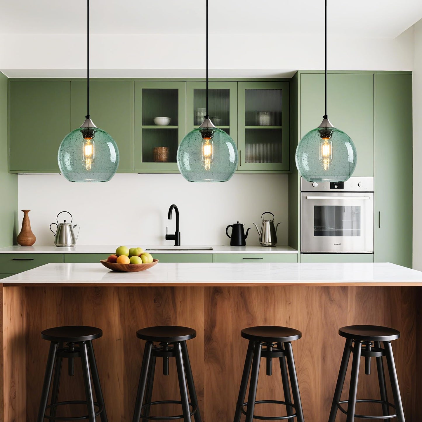 LBSQJ Light Green Glass Pendant Lights Kitchen Island Lighting Globe Pendant Light Fixtures Modern Pendant Lighting for Bedroom Living Dining Room Light Fixture (7.87 in, 3 Pack)