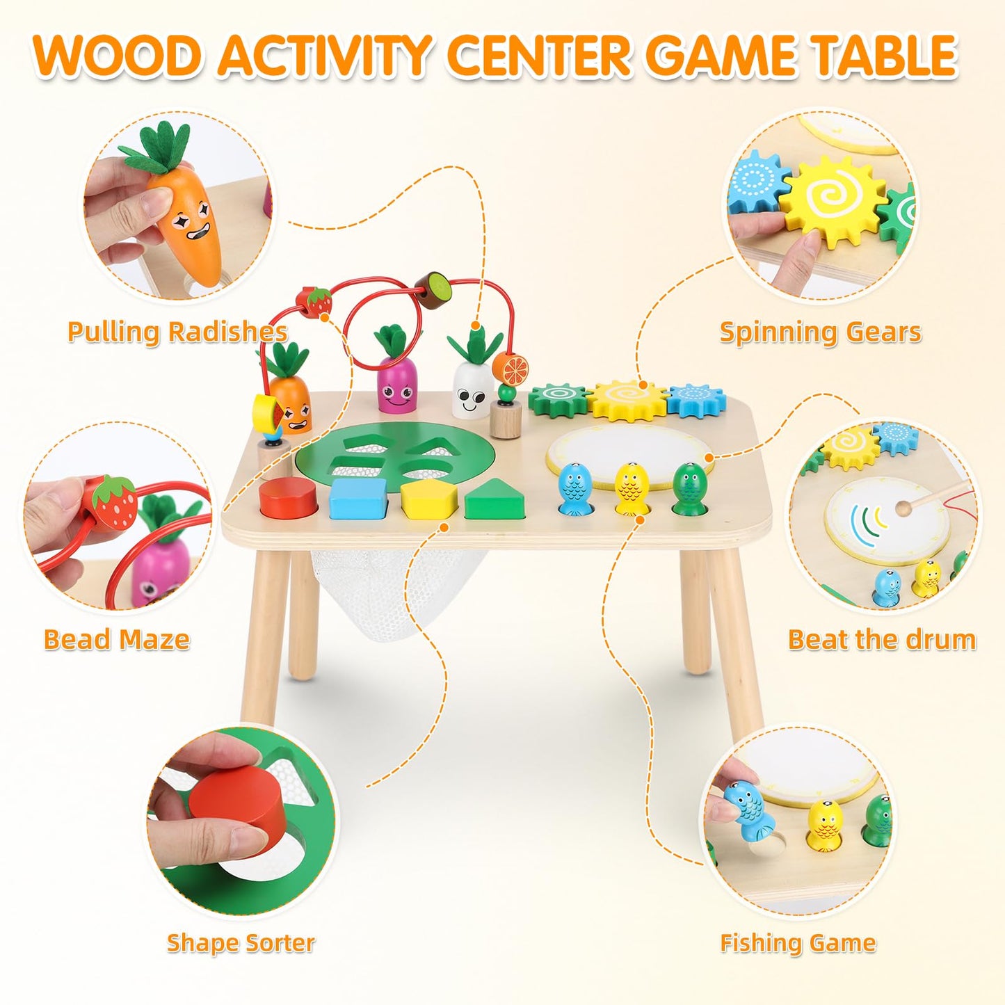Activity Table for 1+ Year Old, 7 in 1 Wooden Montessori Activity Center Play Table with Drum, Bead Maze Shape Sorter Fishing Game, Kids Sensory Educational Toddler Learning Toys 1st Birthday Gifts