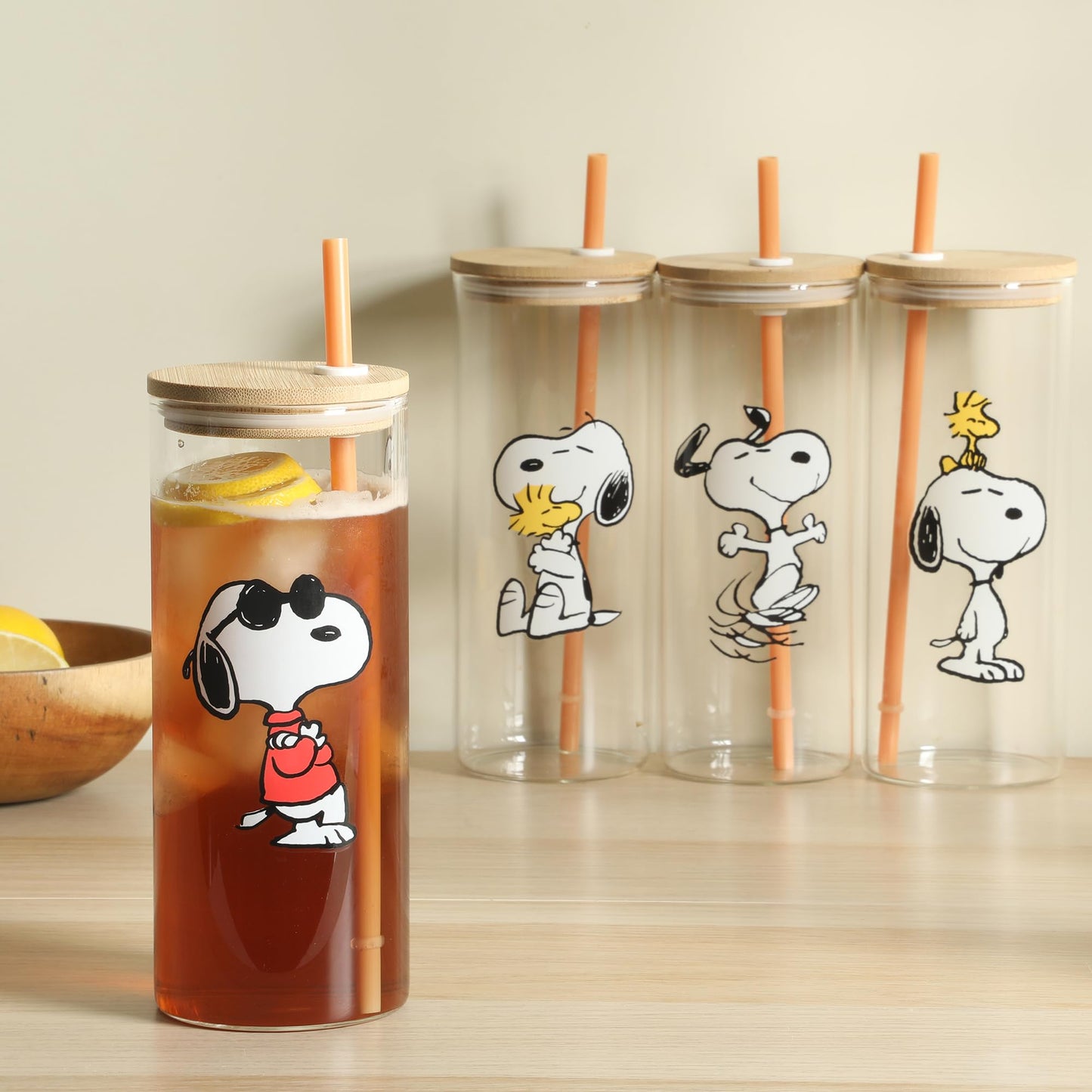 Peanuts Snoopy Happy Sips 4 Piece 23 OZ Tumbler Set with 4 Bamboo Lids and 4 Straws Set, Iced Coffee, Smoothie, Water Cup - Dishwasher Safe