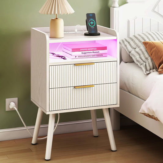 Fixwal White Fluted Nightstand with Charging Station, LED Night Stand with 2 Wood Drawers for Bedroom, Modern Bedside Table, 15.7 x 11.8 x 25.6in