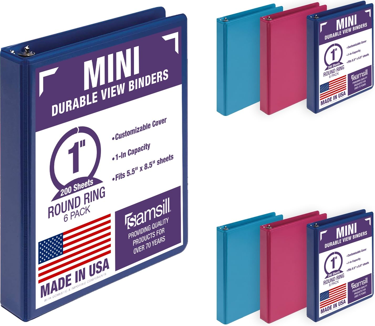 Samsill Economy 1 Inch Mini 3 Ring Binder, Round Ring Binder, Holds 5.5 x 8.5 Inch Documents, Customizable Cover, 1" View, 6-Pack, Assorted Fashion