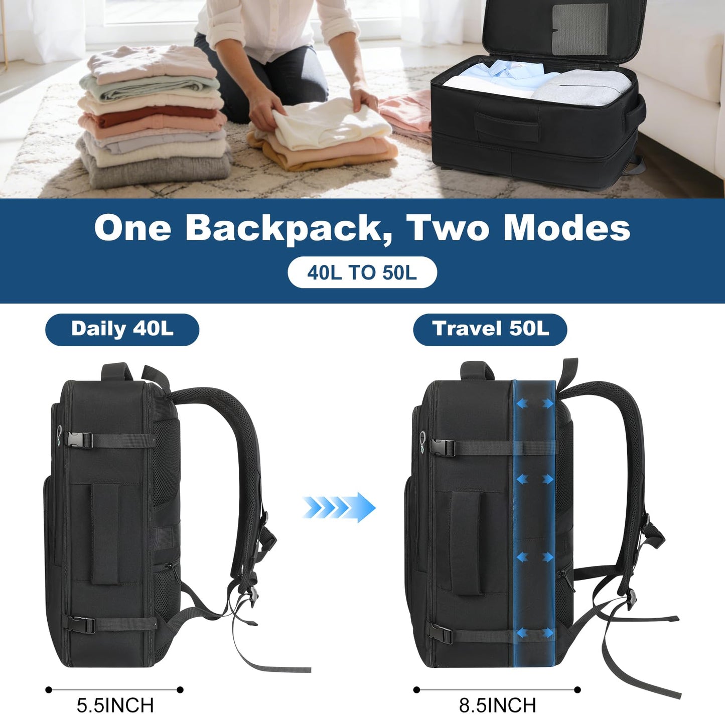 Spacious Travel Backpack,Expandable 1-5 Days Carry on Backpack with USB Cable Port,Fits 17.3" Laptop Notebook,Water Resistant Weekender Backpack for Men Women Bussiness Trips,Daily Use,Black