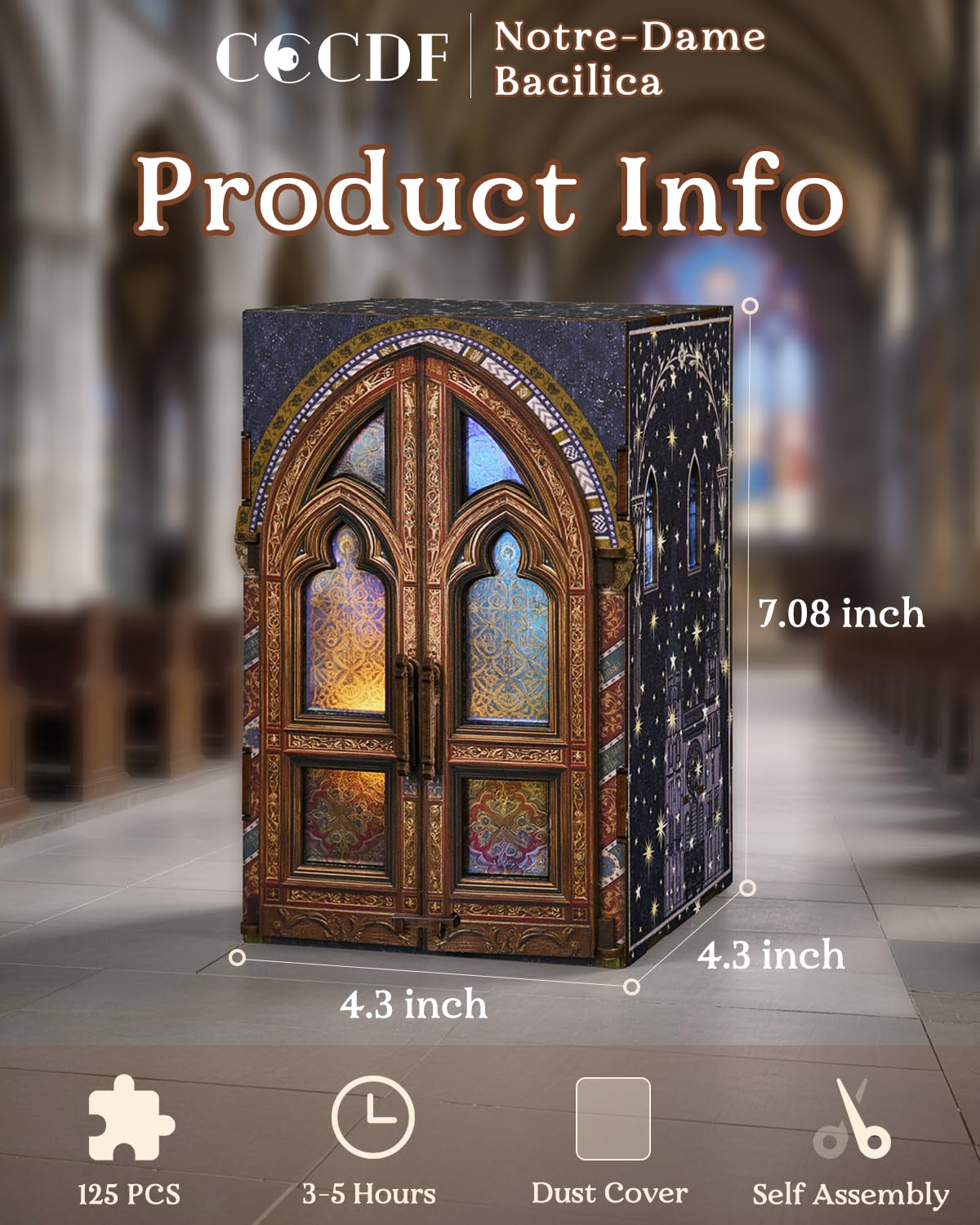 CCCDF DIY Wooden Dollhouse Kit, Gothic Revival Miniature with Dustproof Door, 2-3 Hours Assembly Creative Craft for Adults Bookshelf Decor (Notre-Dame Basilica
