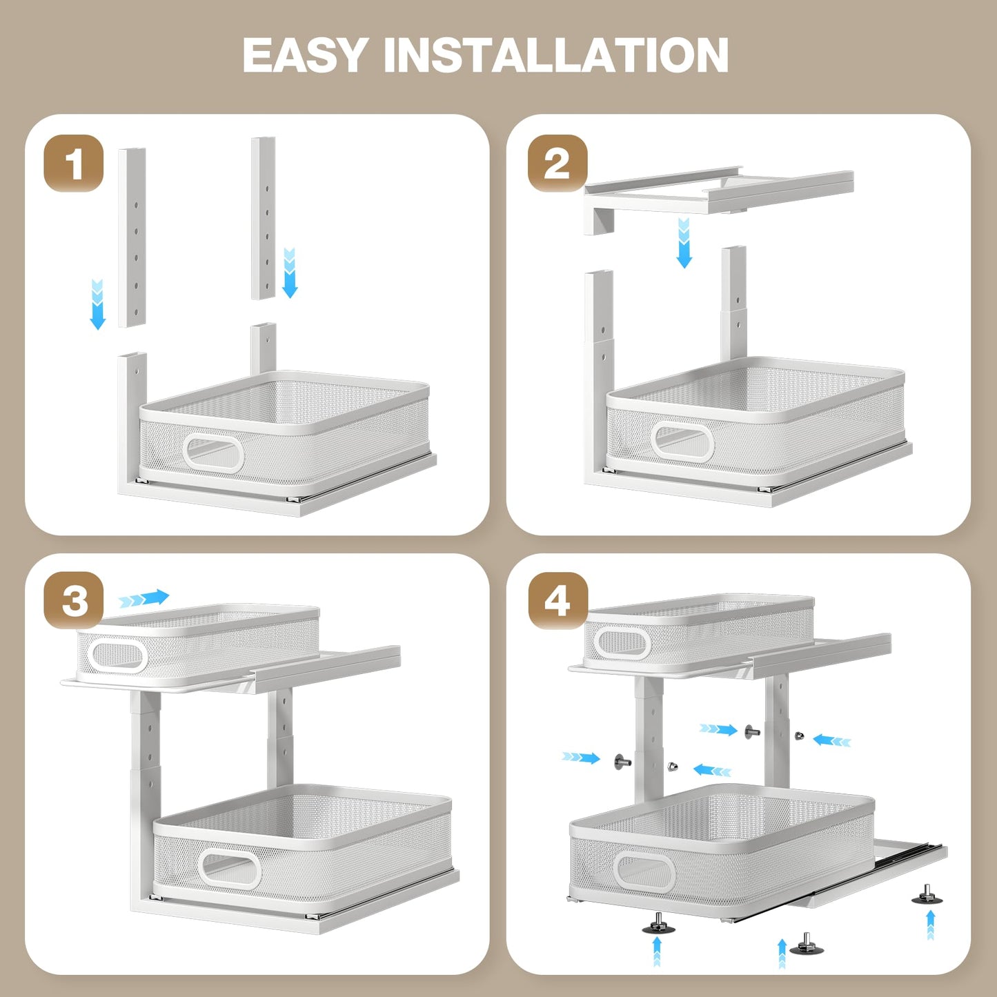Corbyles 2 Pack Under Sink Organizer With Next-Gen Ball-Bearing Slides,2-Tier Precision Mesh Pull Out Cabinet Drawers Storage for Bathroom&Kitchen,Height Adjustable Shelf,Rust-resistant-Patent Pending