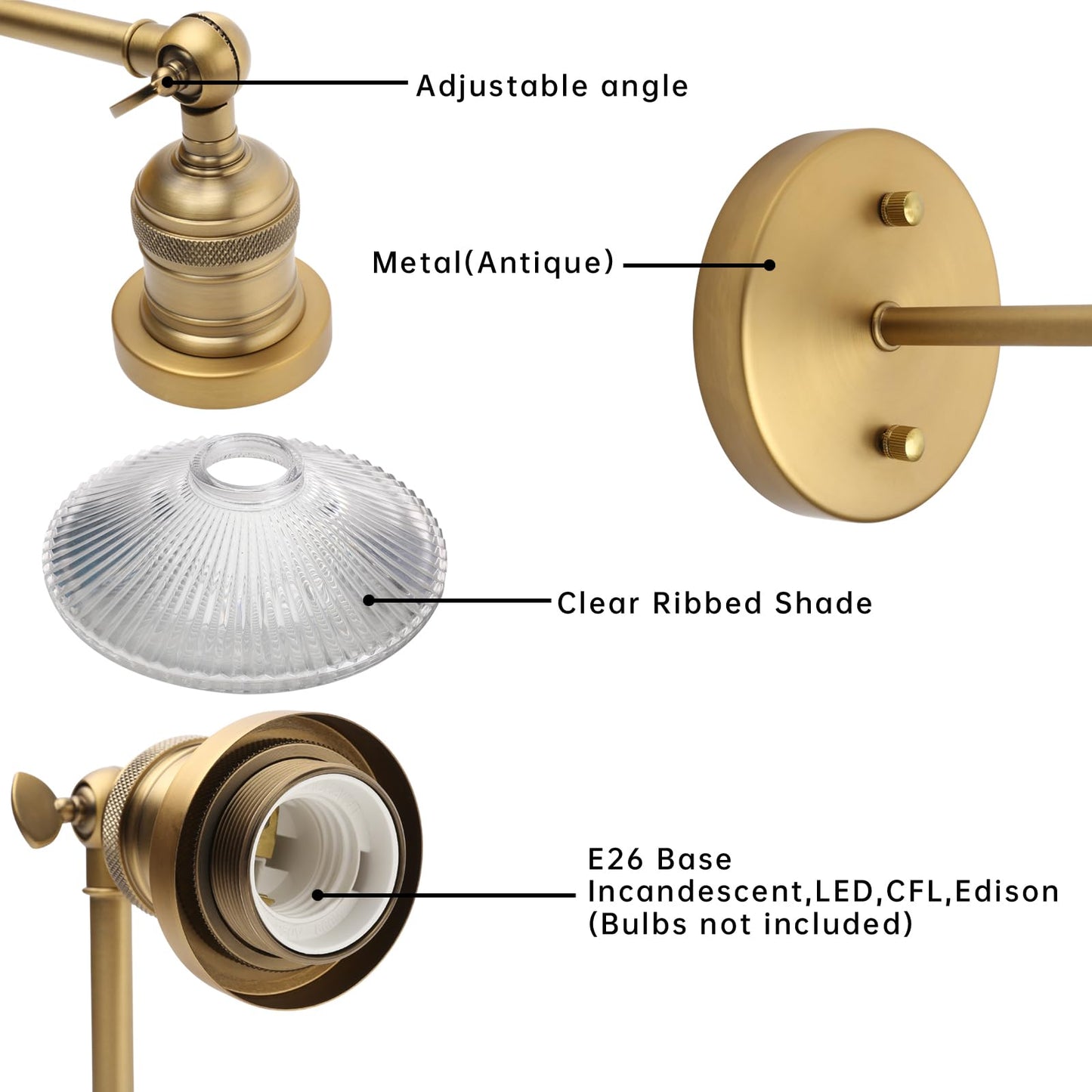 JIMUBEAM Industrial Vintage Wall Sconce 1-Light with Funnel Ribbed Clear Glass Shade, Indoor Wall Mounted Lamp Fixture for Living Room Bedroom Bathroom Over Kitchen Sink