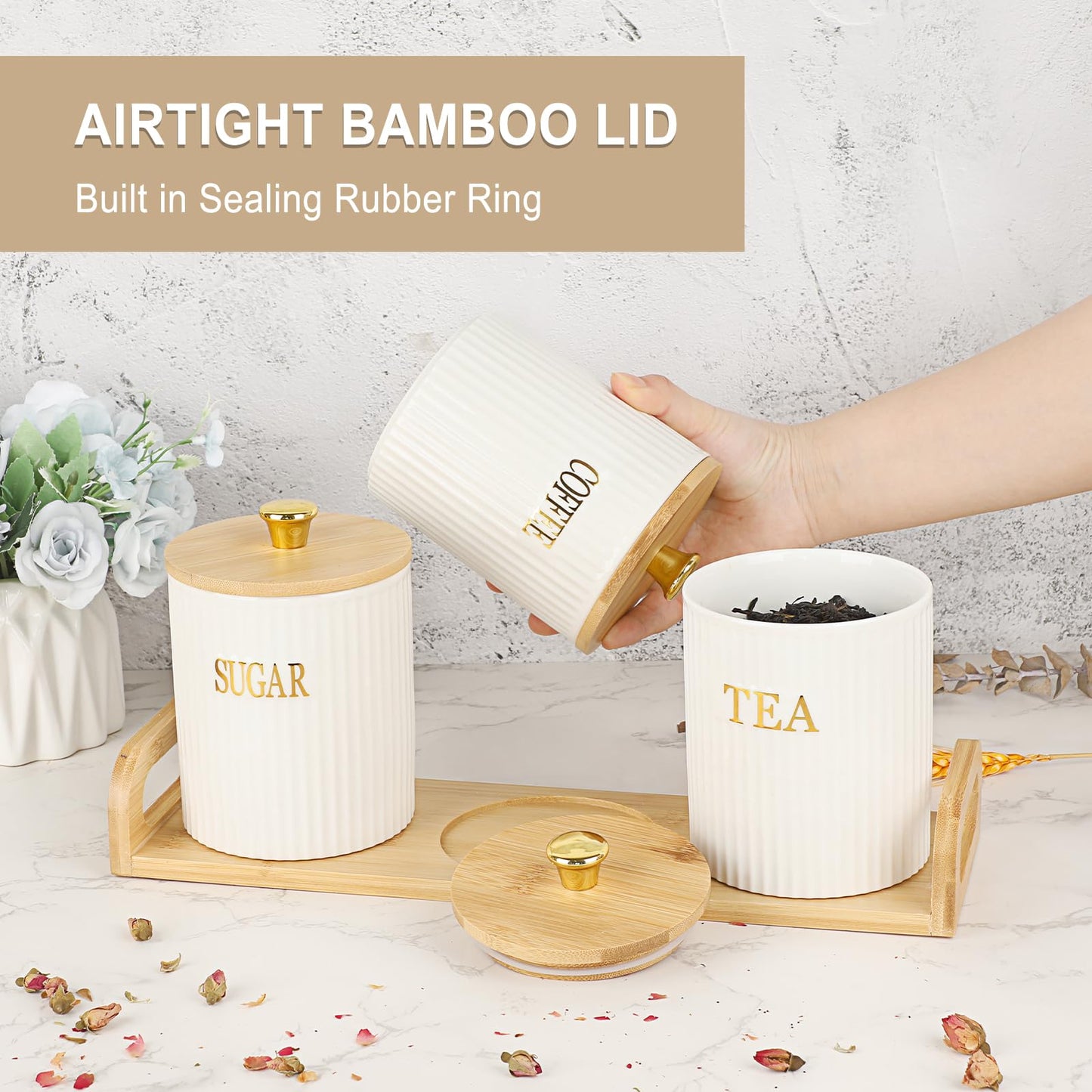 OGANAZI 3 Pack Ceramic Canister Set with Bamboo Lids and Handle Tray, Coffee Tea Sugar Container Set, White Ceramic Storage Jar Kitchen Canister for Countertop, White-Style 2