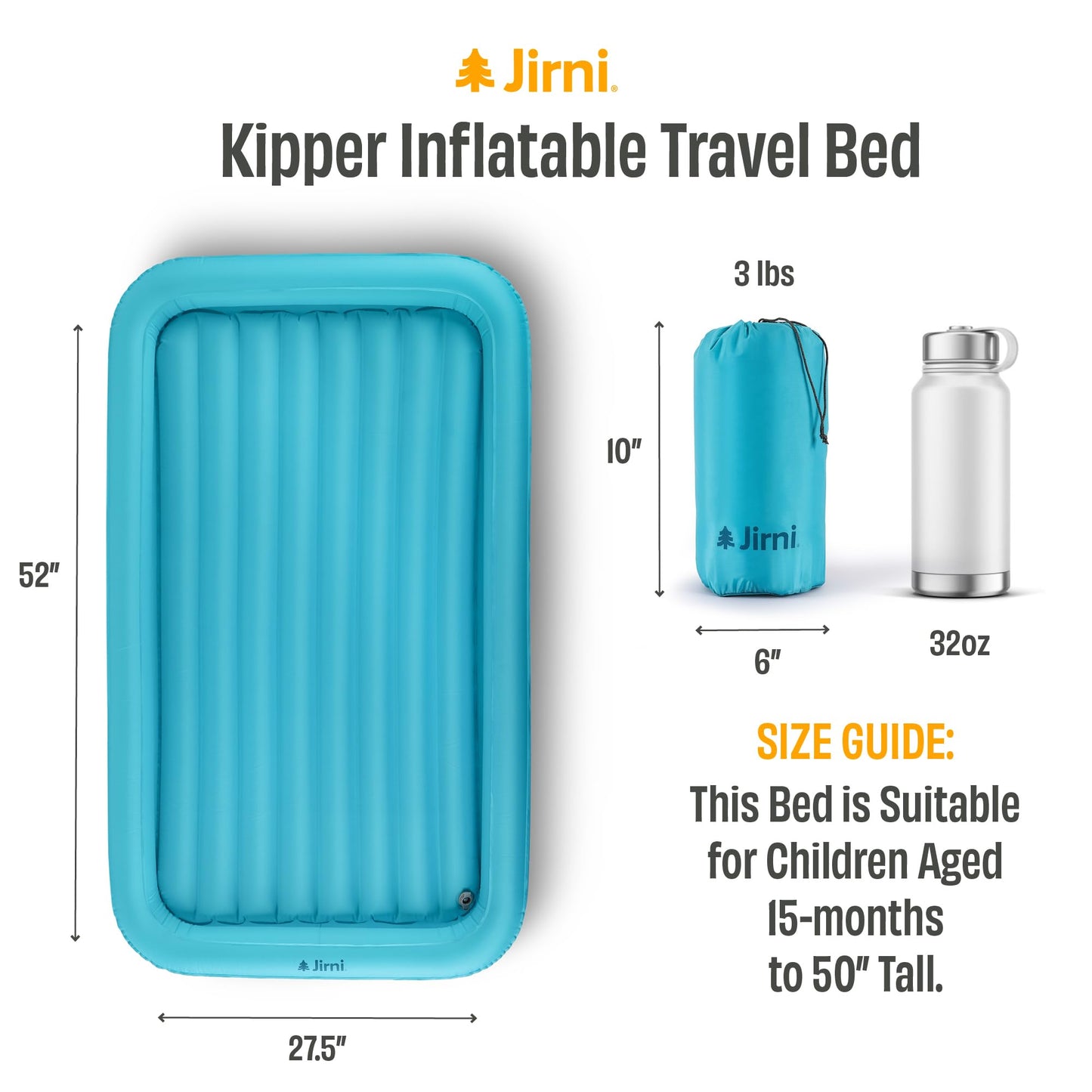 Jirni Kipper Toddler Travel Bed | New Pump System | Ultra-Lightweight & Super Durable Toddler Air Mattress | Compact Kids Air Mattress | Eco-Friendly Inflatable Kids Bed | Travel Cot Airbed