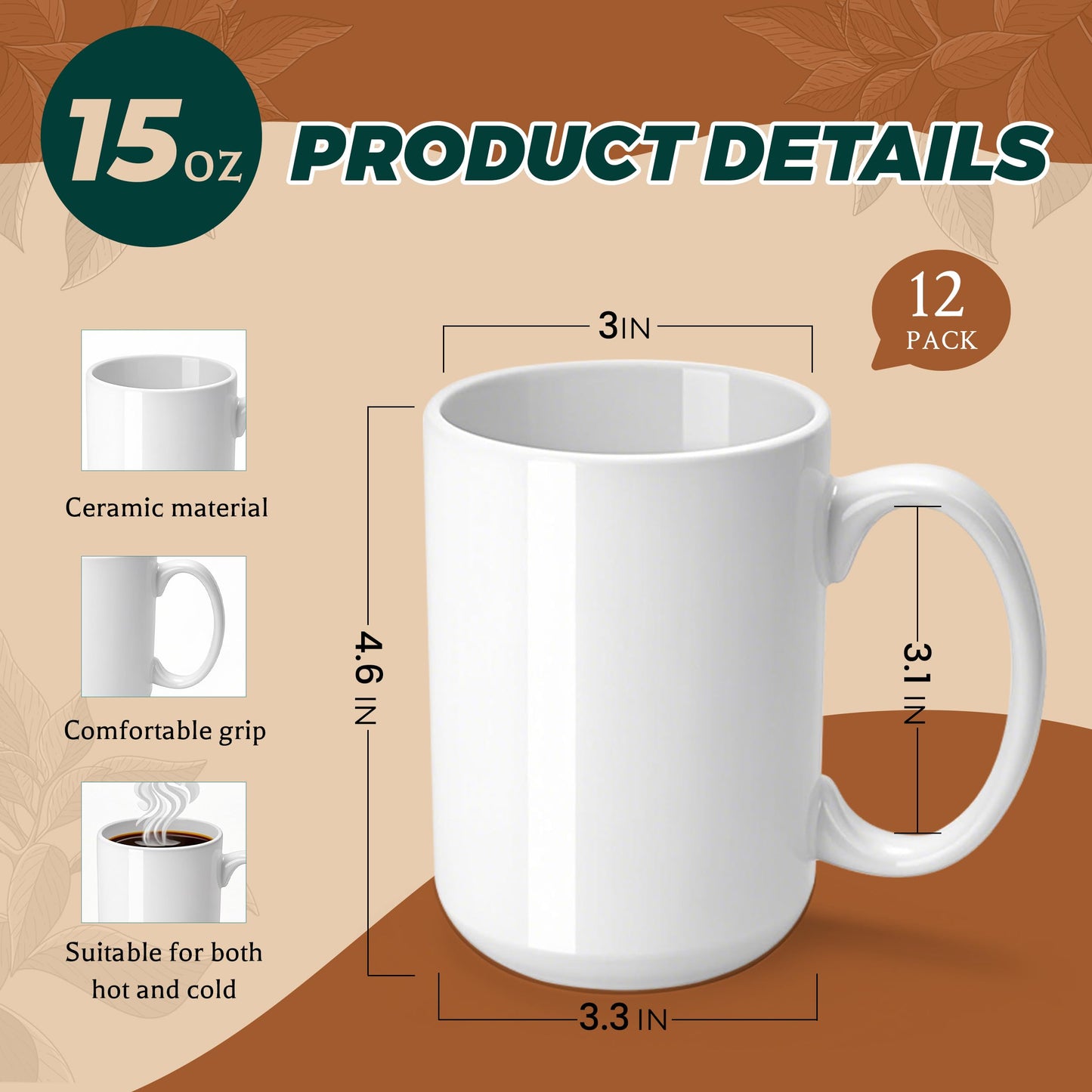 Joyclub Graduation Gifts 12 Set Sublimation Mugs Blank 15 oz Coffee Mugs Bulk White Ceramic Cups with Handle Tazas Para Sublimar for Coffee Latte Tea Milk Soup DIY Gifts