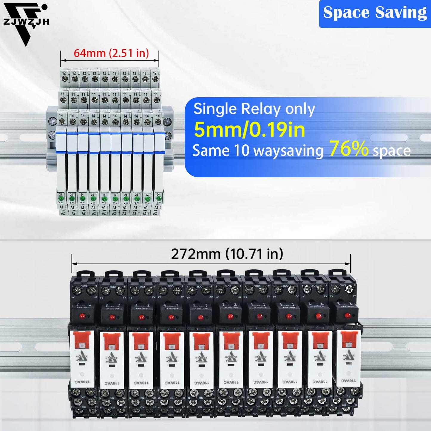 ZJWZJH 10Pcs Miniature Electromagnetic Relay 24V Coil DC/AC; Signal for PLC; HF41F/24-ZS 1NO 1NC 6Amp SPDT with Jumper, Separator, 24V Relay Din Rail, UL Certification
