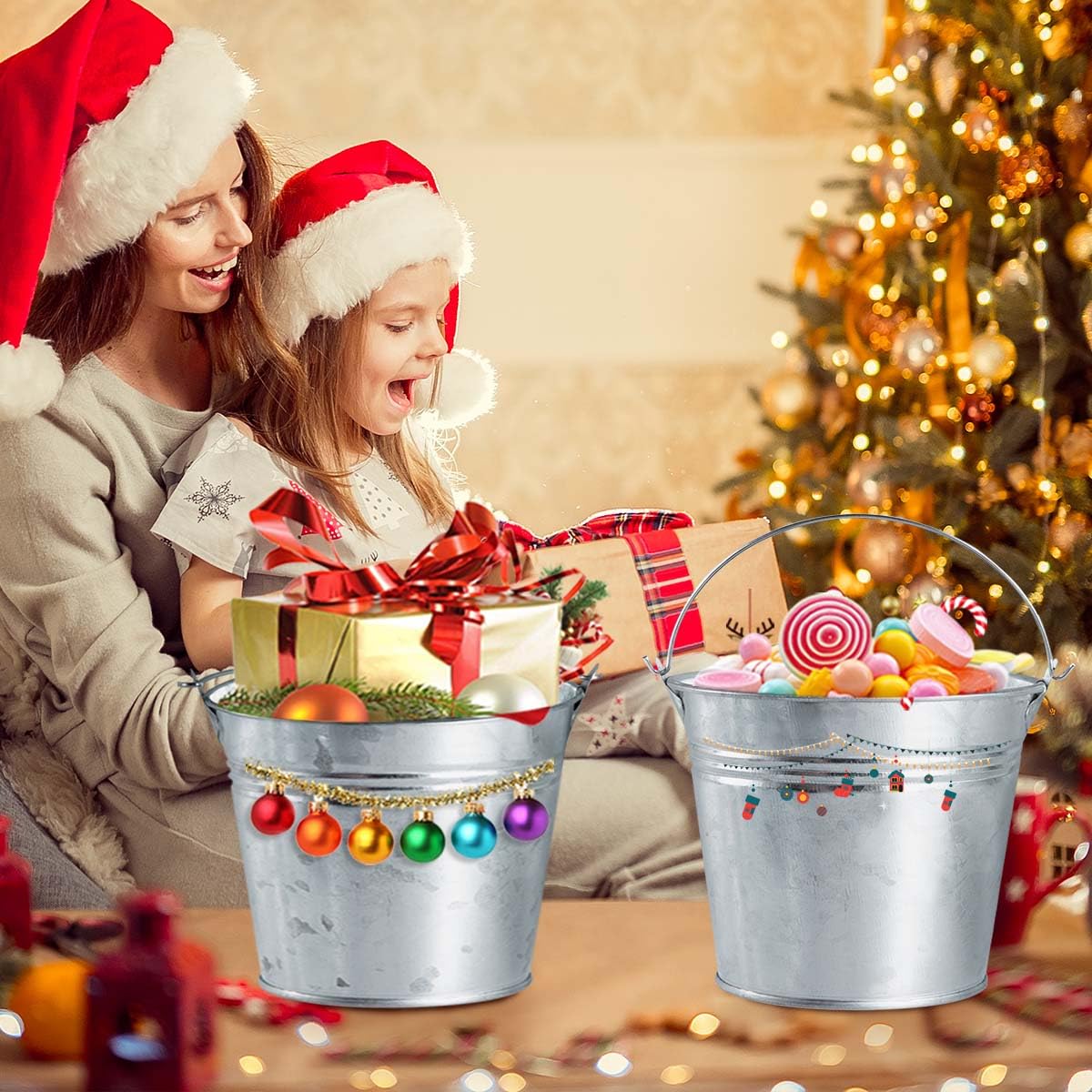 OBTANIM 8 Pack Galvanized Metal Buckets with Handle Ice Pails for Plants, Succulents, Party Favors Organizing, Rustic Home Decor or Classrooms Pencil Storage (9 x 5.9 inch)