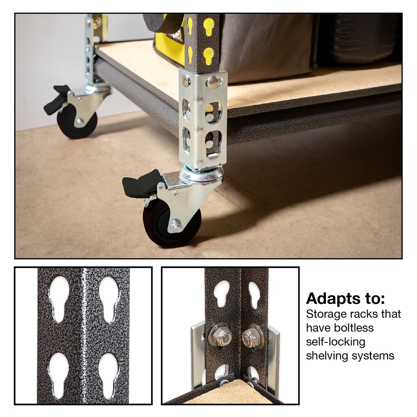 4pc - Storage Rack Caster Wheels (Adapts to Boltless Self Locking Shelving Racks) (3" (1500 lb. Max Total Capacity))