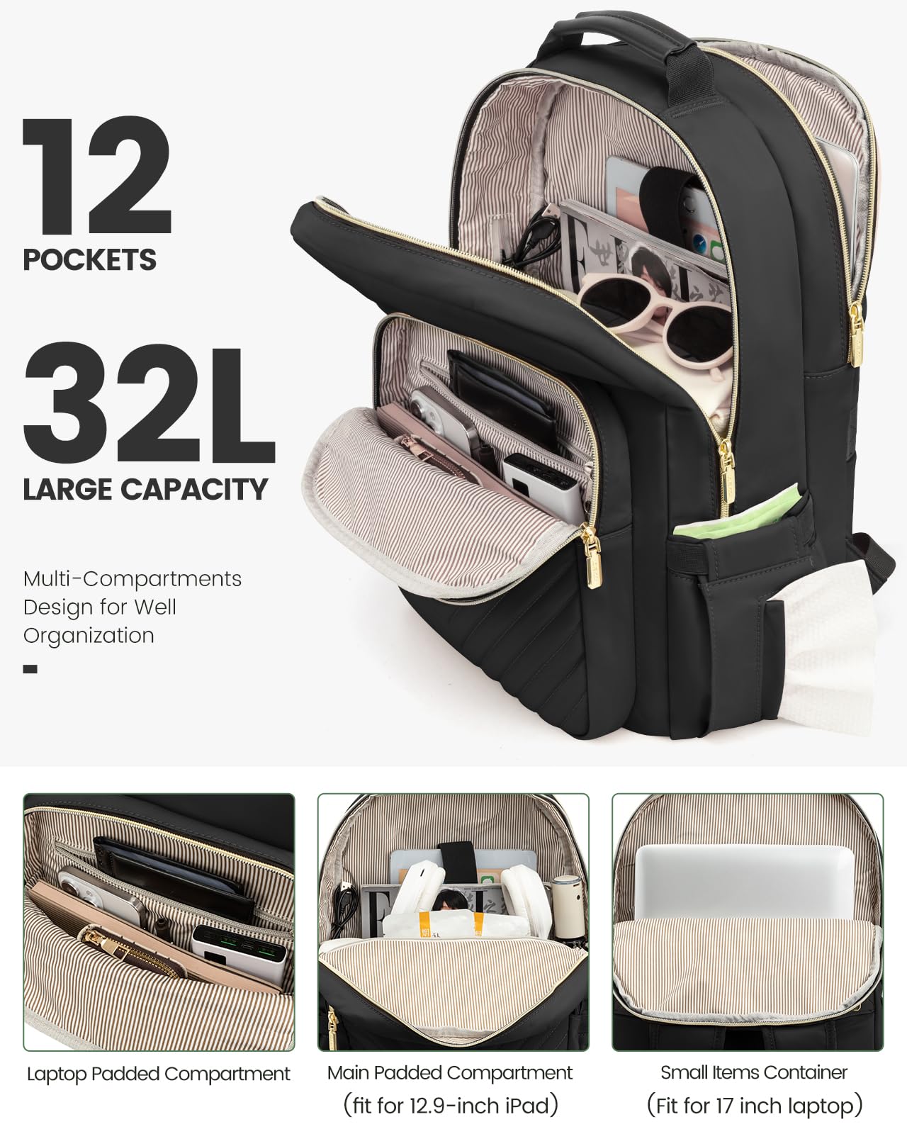 LOVEVOOK Laptop Backpack for Women, Travel Computer Work Bags with 17-inch Laptop Compartment, College School Student Bag Teen Backpacks For Girls, Hiking Outdoor Carry On Backpack Purse, Black