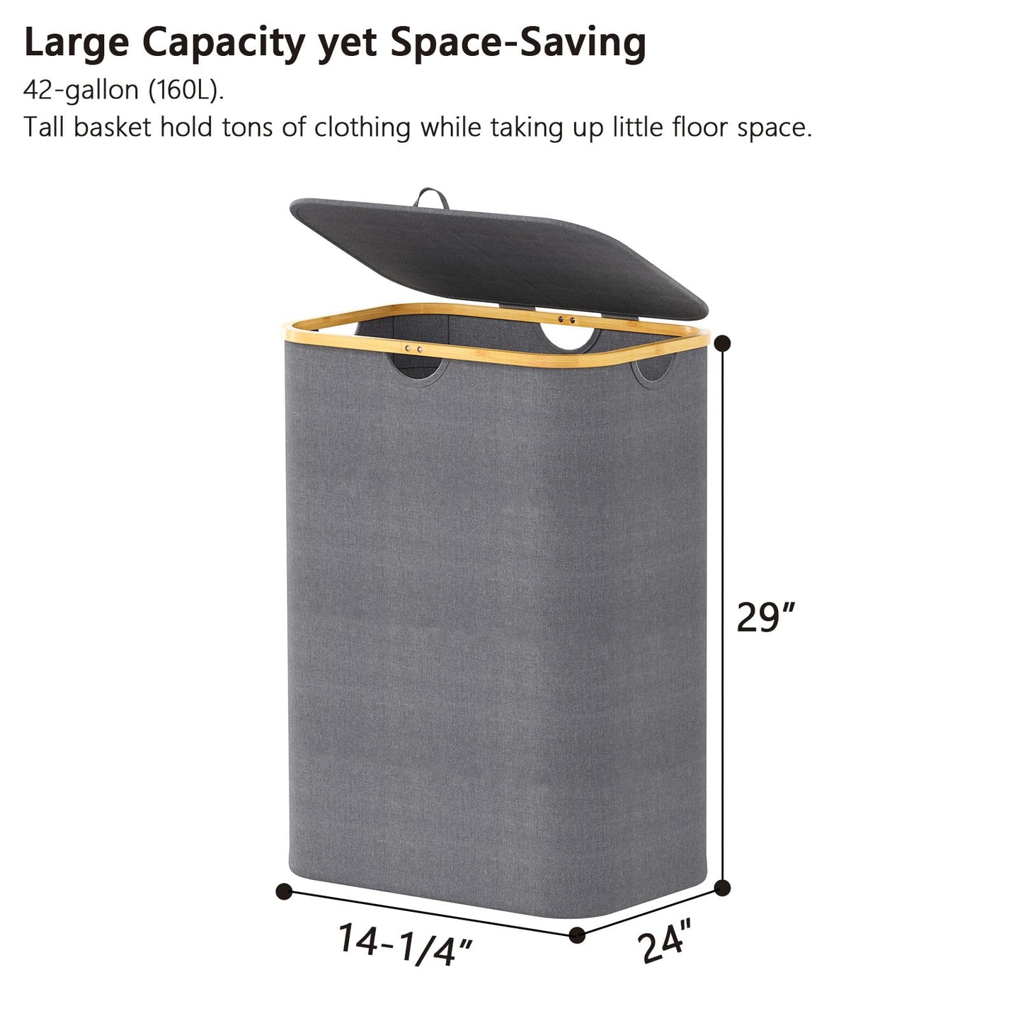 SpaceAid Double Laundry Hamper 2 Section with Lid and Removable Laundry Bags, 160L Clothes Basket with Bamboo Handles, Large Collapsible Hamper for Bedroom, Bathroom, Dorm, Laundry Room - Grey