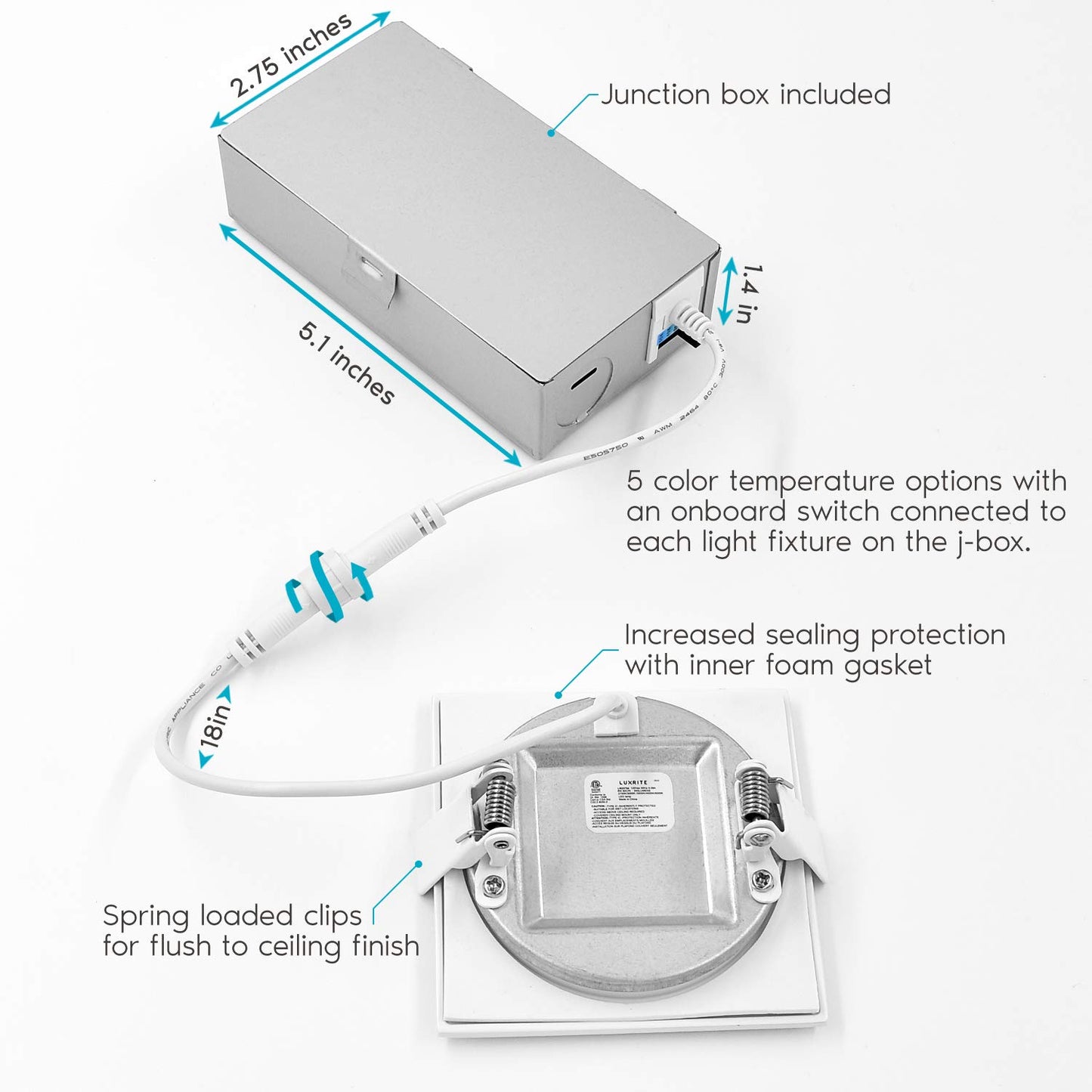 LUXRITE 3 Inch Square Ultra Thin LED Recessed Light with Junction Box, 8W, CCT Color Selectable 2700K | 3000K | 3500K | 4000K | 5000K, Dimmable Wafer Light, 540 Lumens, Energy Star, IC Rated (4 Pack)