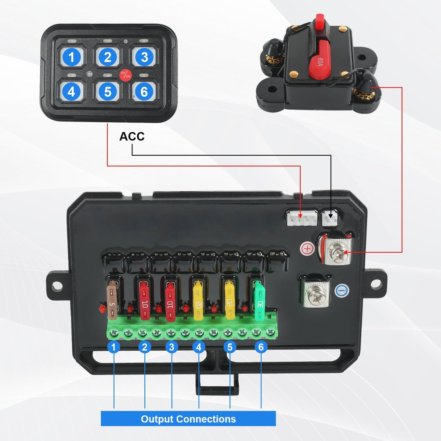 RUIANOMG 6 Gang Switch Panel, Universal Circuit Control Relay System with Fuse Wiring Harness and Automatic Dimmable ON-Off LED Switch Pod for Pickup Truck SUV Car Boat ATV UTV