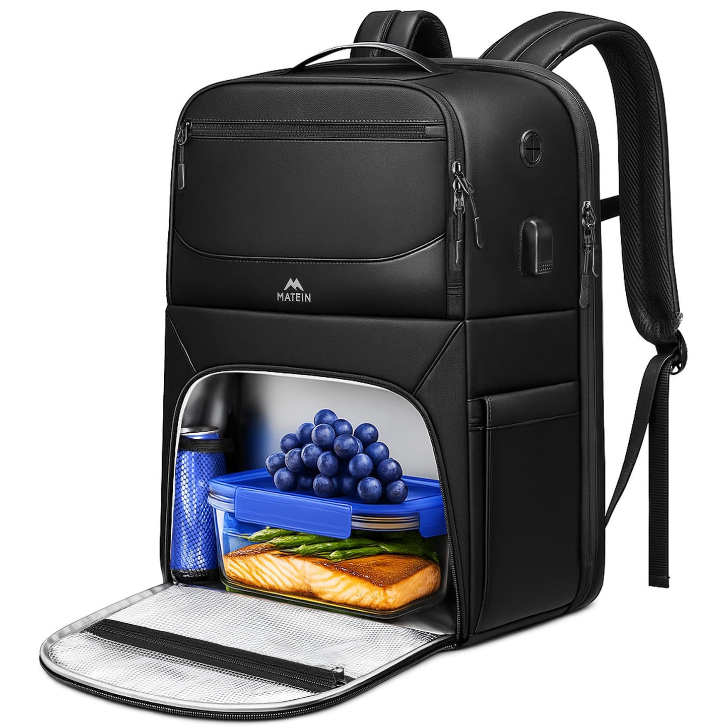 MATEIN Work Backpack with Lunch Compartment, Waterproof PU-coated Meal Prep Backpack for Men with Cutlery Pocket, Large 17 Inch Laptop Back Pack with USB Port, Insulated Cooler Bag for Office Picnic