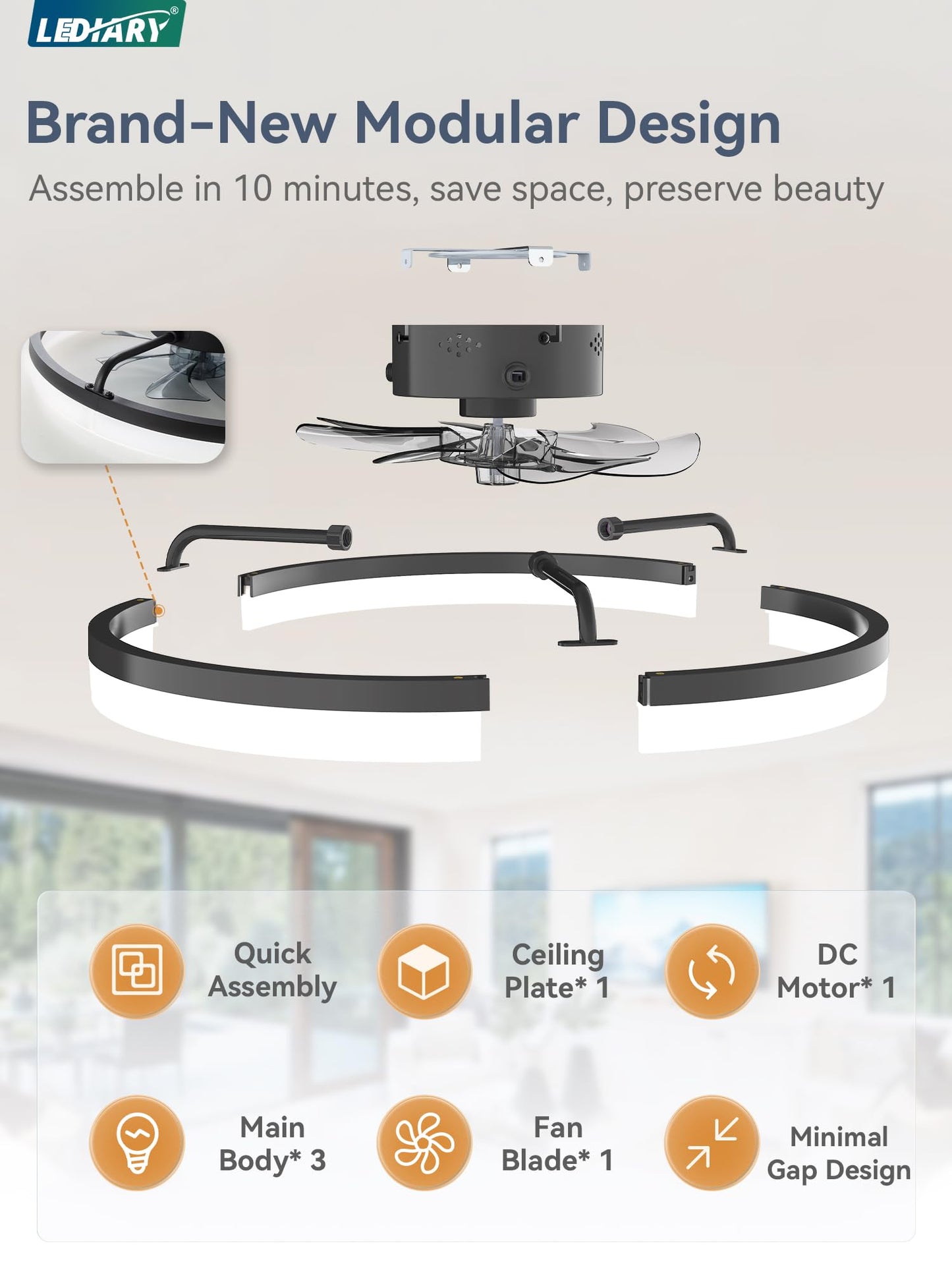 LEDIARY Ceiling Fans with Lights, 20 inch Low Profile Flush Mount Ceiling Fan, Dimmable LED, APP & Remote Control, Quiet Reversible DC Motor, 6 Speeds, Fandelier for Bedroom, Black