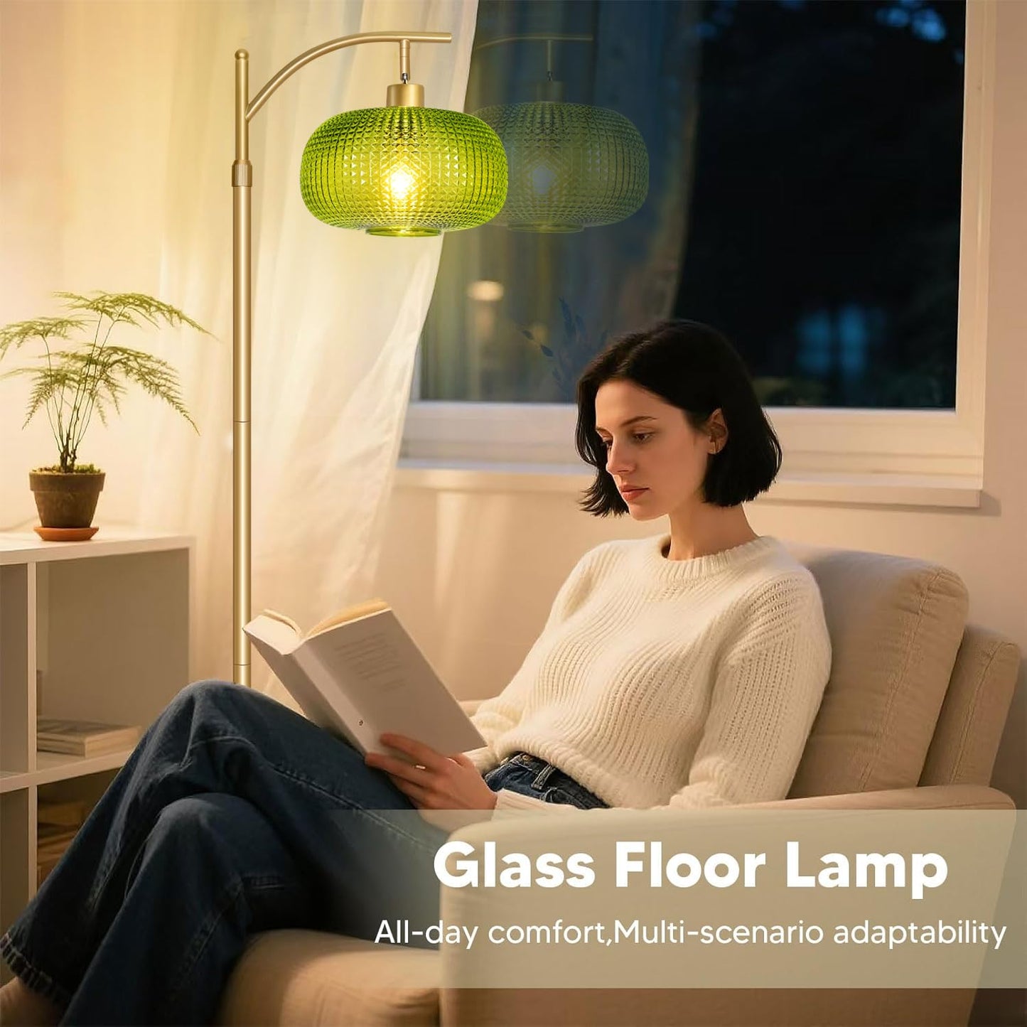 Duoled Modern Floor Lamp for Living Room, Mid Century Tall Standing Lamp Green Glass Lamp Shade, Dimmable Gold Tall Pole Lamp for Bedroom Office with Remote, 1 x 12W LED Edison Bulbs Included