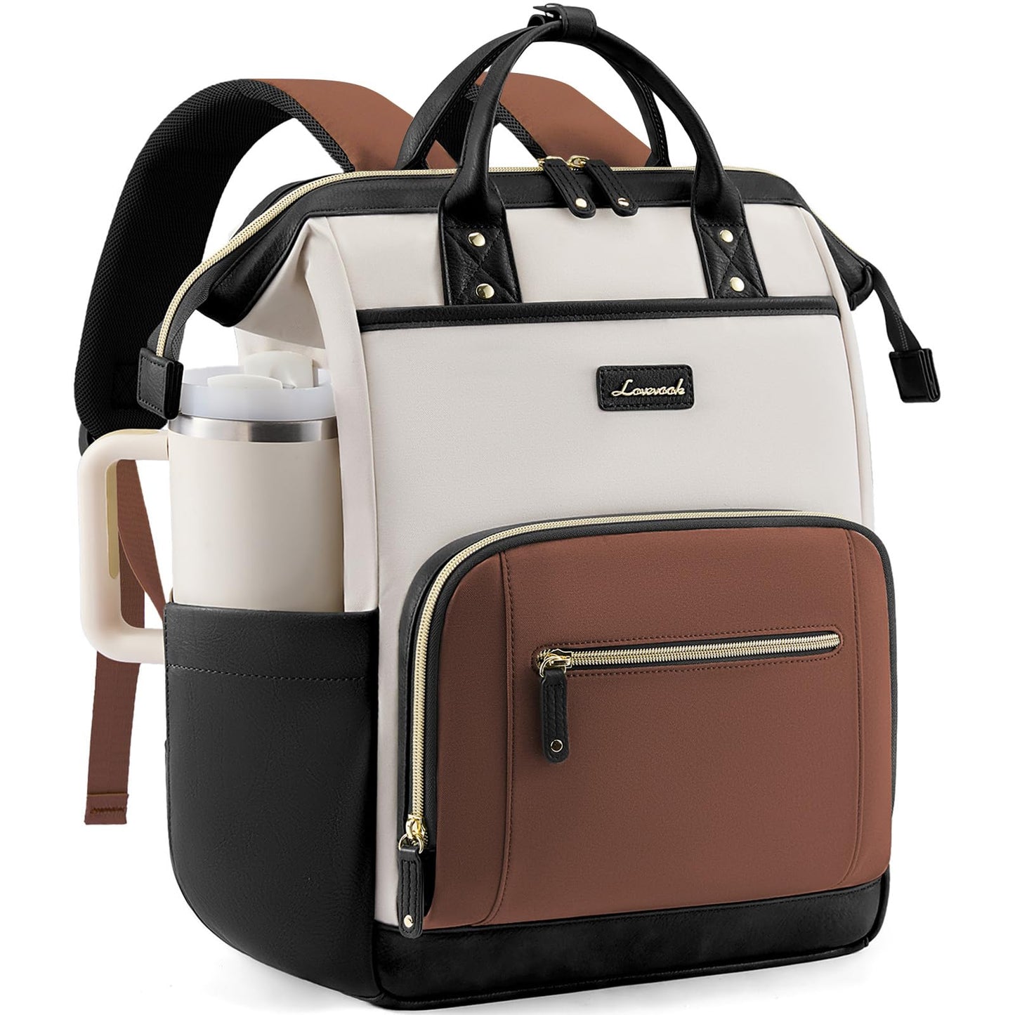 LOVEVOOK Laptop Backpack for Women with Giant Tumbler Holder,17 inch Professional Nurse Teacher Backpack Computer Laptop Bag,Cute Waterproof Travel Backpack Purse Work College Bag, Beige-Black-Brown