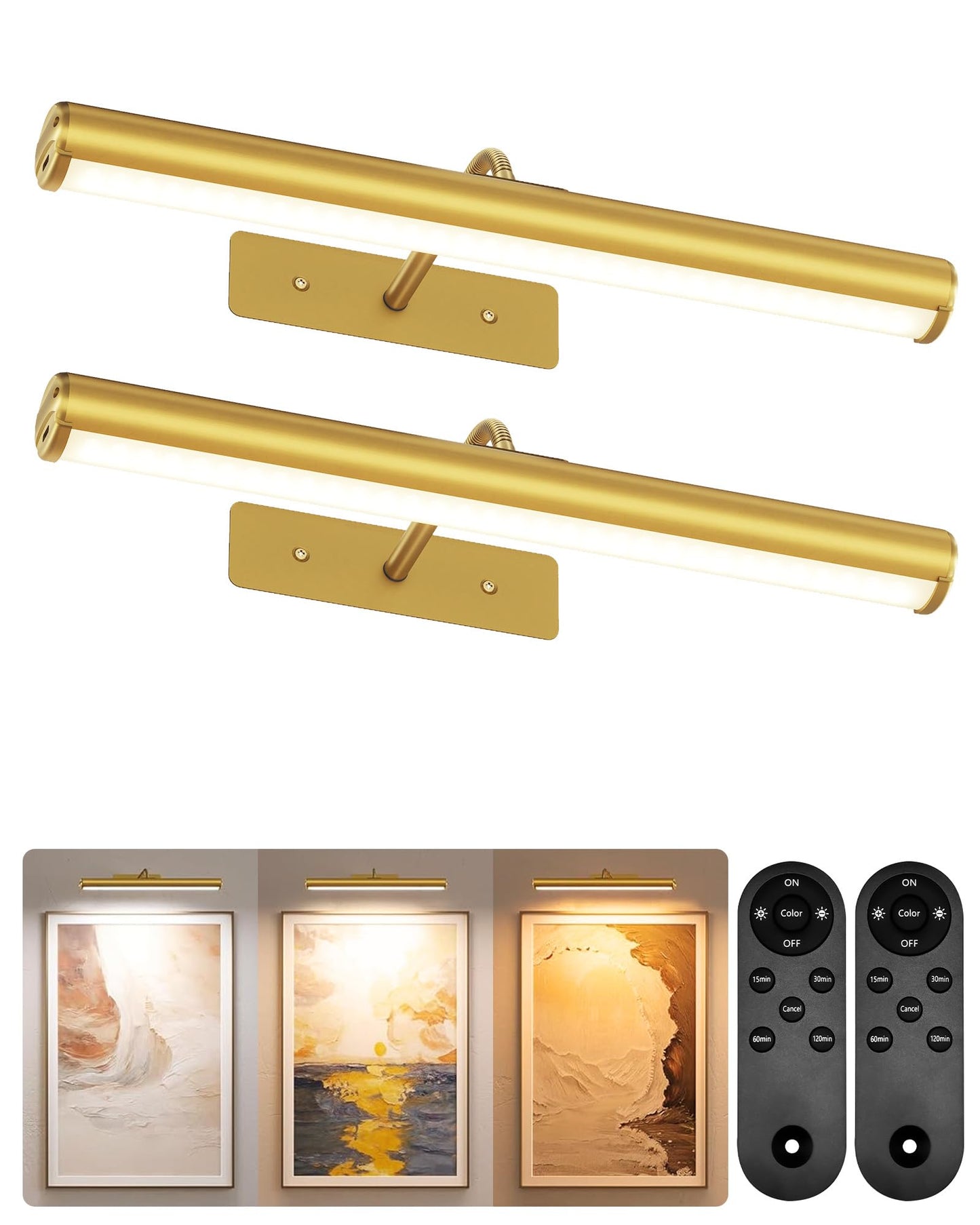 EZVALO Picture Lights for Wall, 16" Rechargeable 6000mAh Painting Lights with Remote, Wireless Dimmable 3 Color Temps Art Lights for Gallery, Living Room, Hallway (Gold, 2Pack)