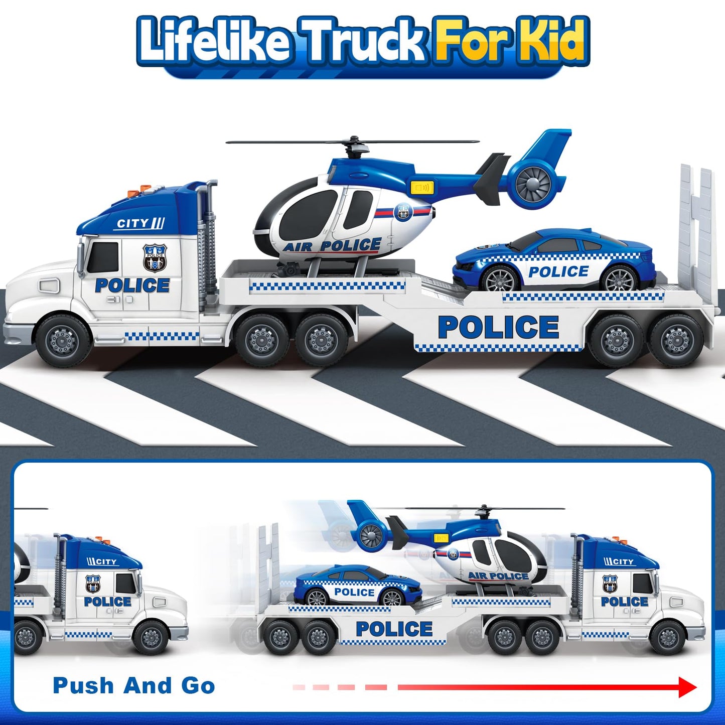 Kids Toys for 3 4 5 6 7 8 Years Old Boys, 27" Police Truck Toy with Racing Car and Helicopter, Toddler Friction Powered Truck Vehicle Toy with Lights, Sounds for Boys Girls Christmas Birthday Gifts