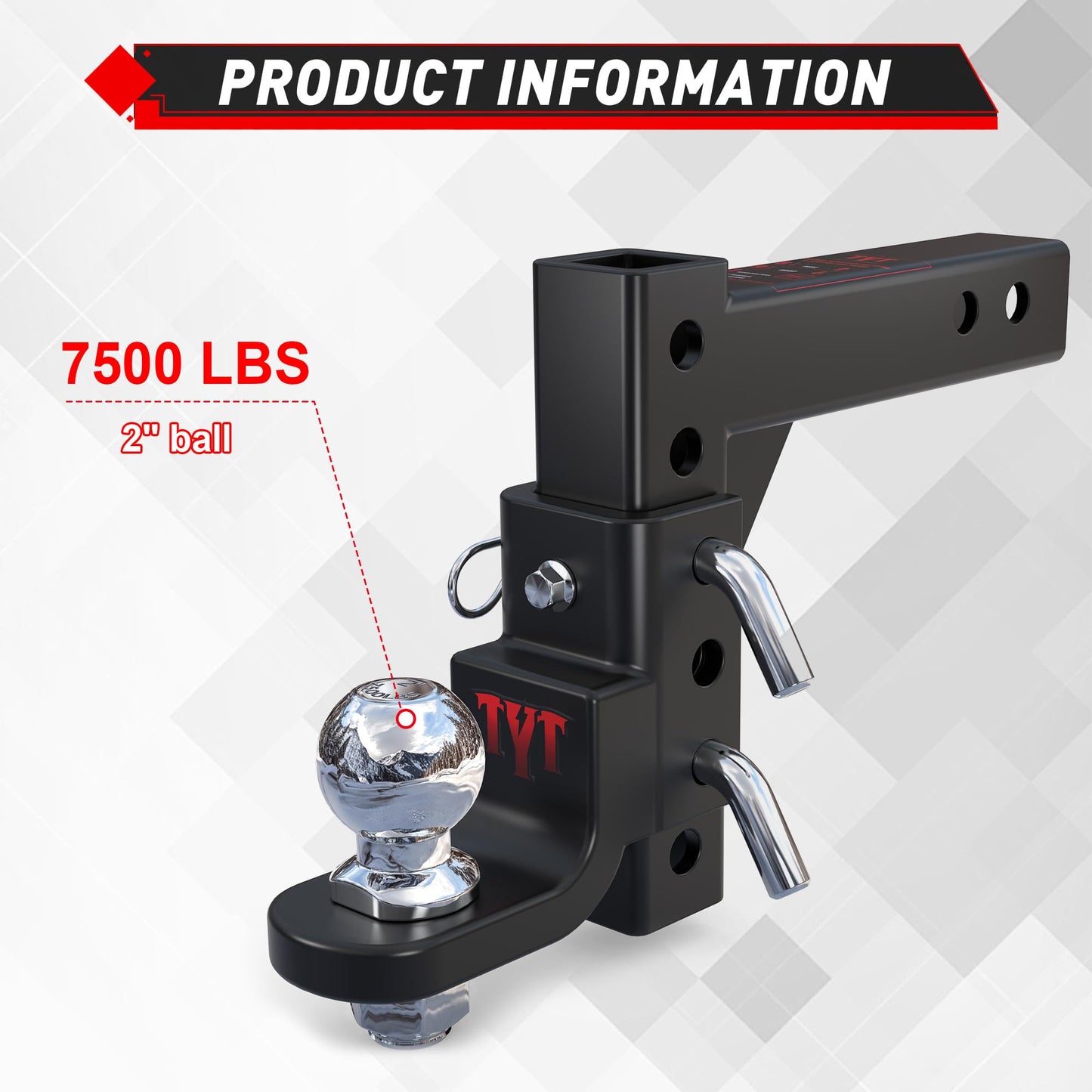 TYT Adjustable Trailer Hitch Ball Mount, 2" Towing Ball 7500 LBS, 9-1/2" Drop and 8-1/4" Rise, Fits 2-in Receiver with 2 Pin&Clips and 5/8" Premium Pin Lock for Heavy Duty Truck