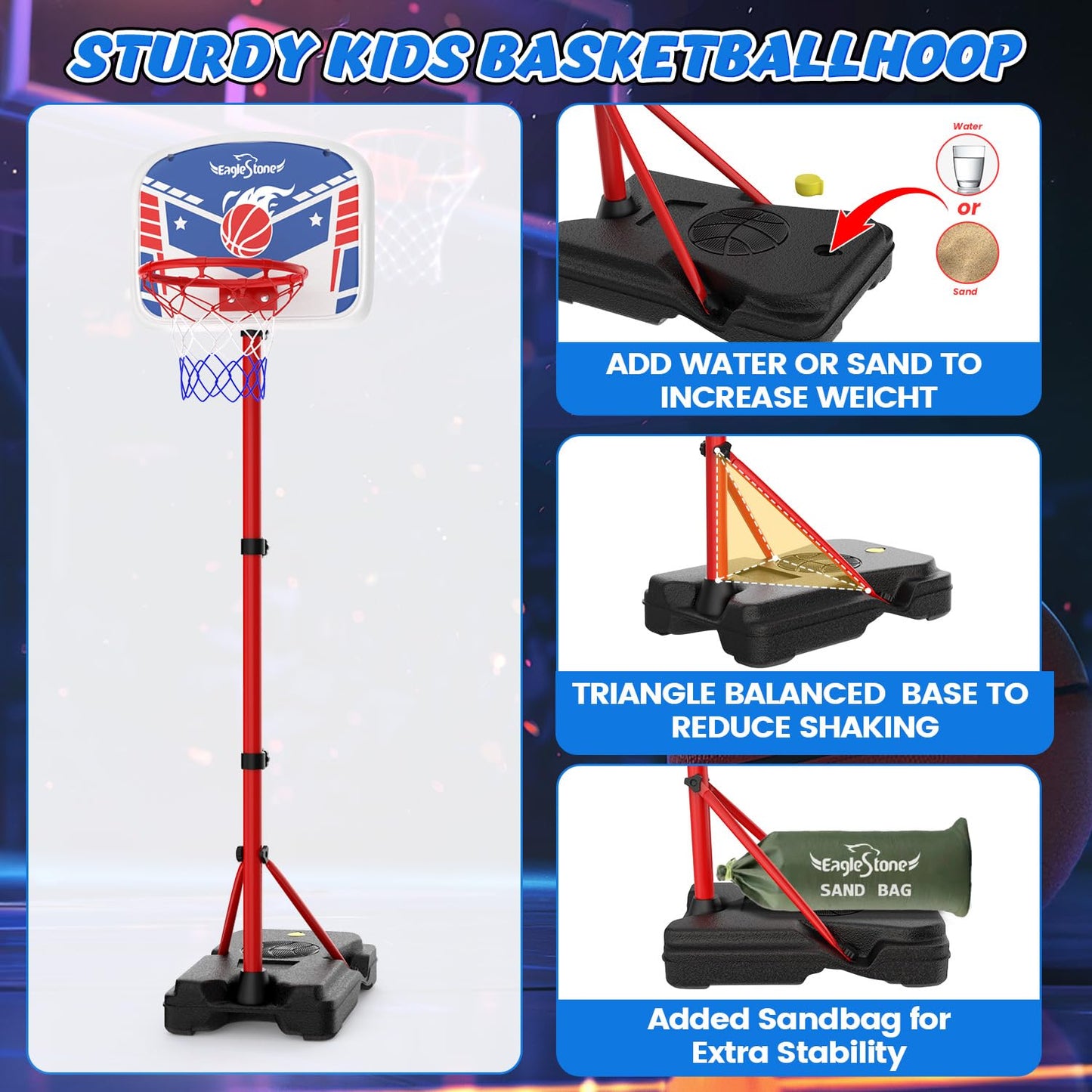 EagleStone Mini Basketball Hoop for Door & Wall, Foldable Rim with 3 Balls and Pump, Indoor Basketball Toy Game Set for Kids Adults, Bedroom Office Sports Gift (Red Blue)